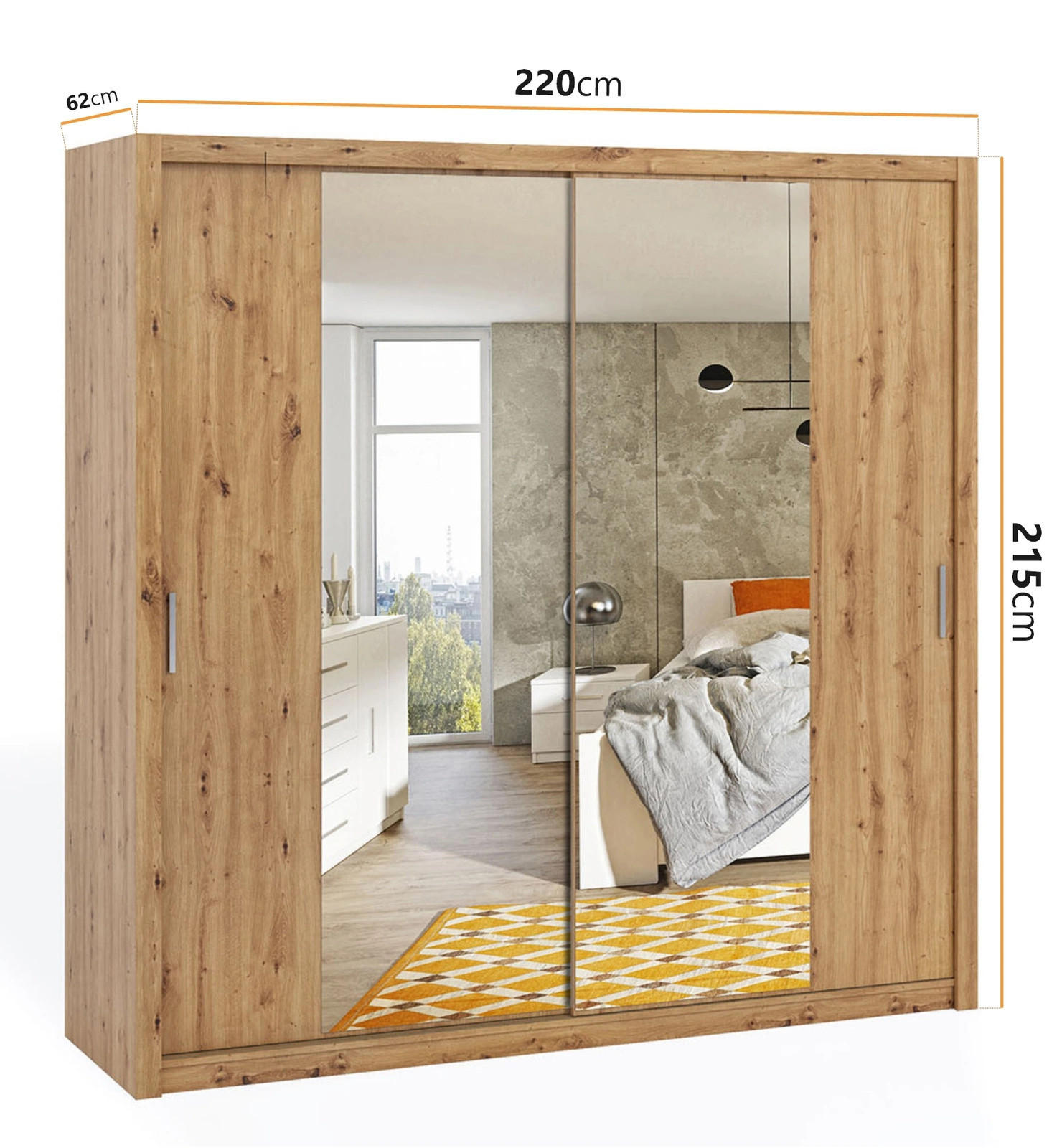 SCHIEBETÜRENSCHRANK Tamiza 220/215/62 mit Spiegel - Silberfarben/Eiche Artisan, Holzwerkstoff/Kunststoff (220/215/62cm) - Ravio