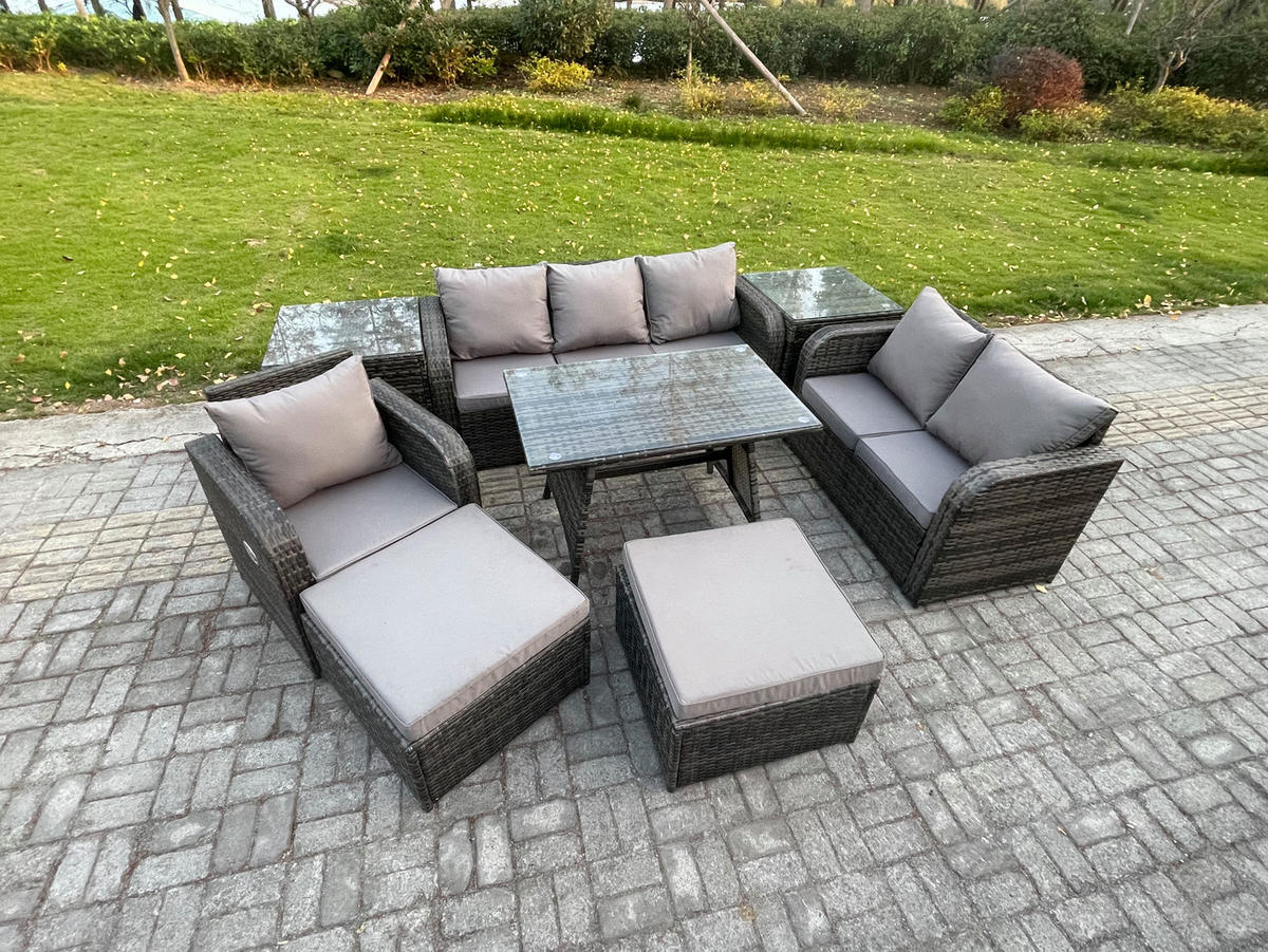 GARTENMÖBEL SET Polyrattan Dunkelgrau 8-Sitzer - Dunkelgrau/Grau, Glas/Kunststoff - Fimous