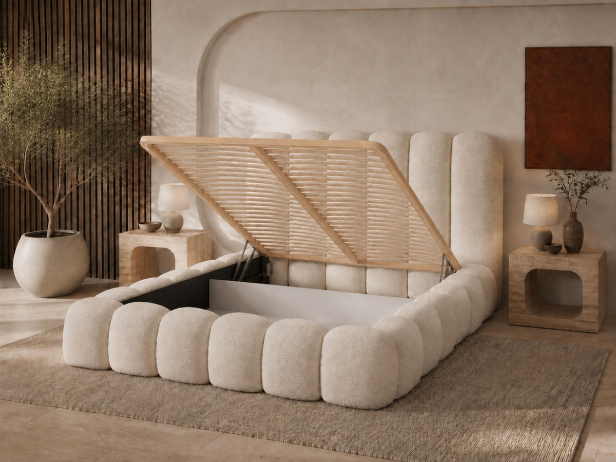 POLSTERBETT MELLOW 200x200 cm in Creme, gepolstertes Kopfteil, Lattenrost, Bettkasten, Bouclé-Stoff - Ecru, Holz/Textil (200/200cm) - EMLAR Home