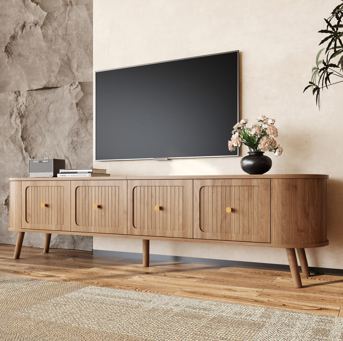 TV-SCHRANK aus MDF und Holzwerkstoff 180x38x47 cm Eichefarben mit Klapptüren und Stauraum im Vintage-Look - Braun, Holzwerkstoff (180/47/38cm) - Modfu