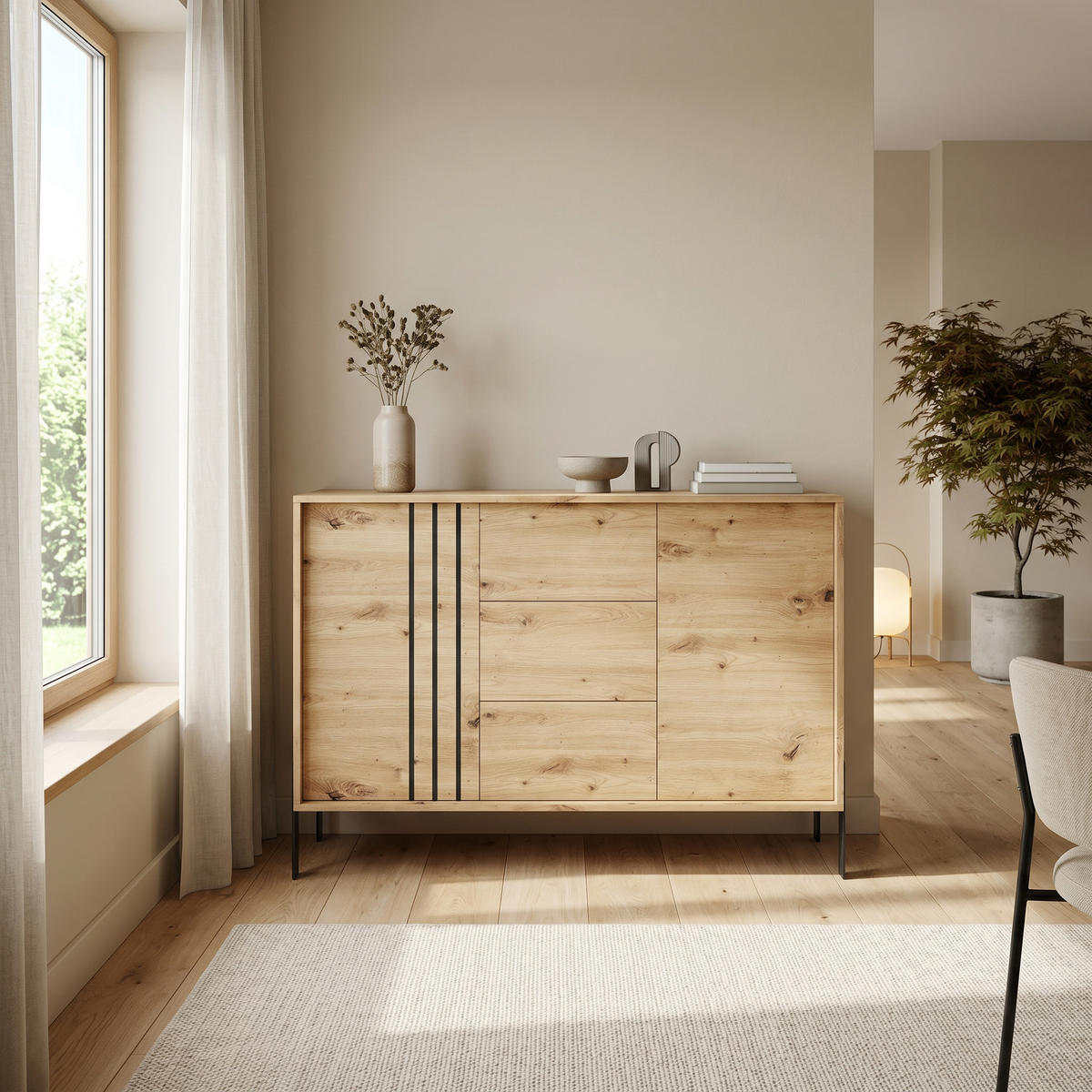KOMMODE VALOZA 120/87/40cm mit 3 Schubladen 2 Türen Eiche Artisan - Eiche Artisan, Holzwerkstoff (120/87/40cm) - MASSENO