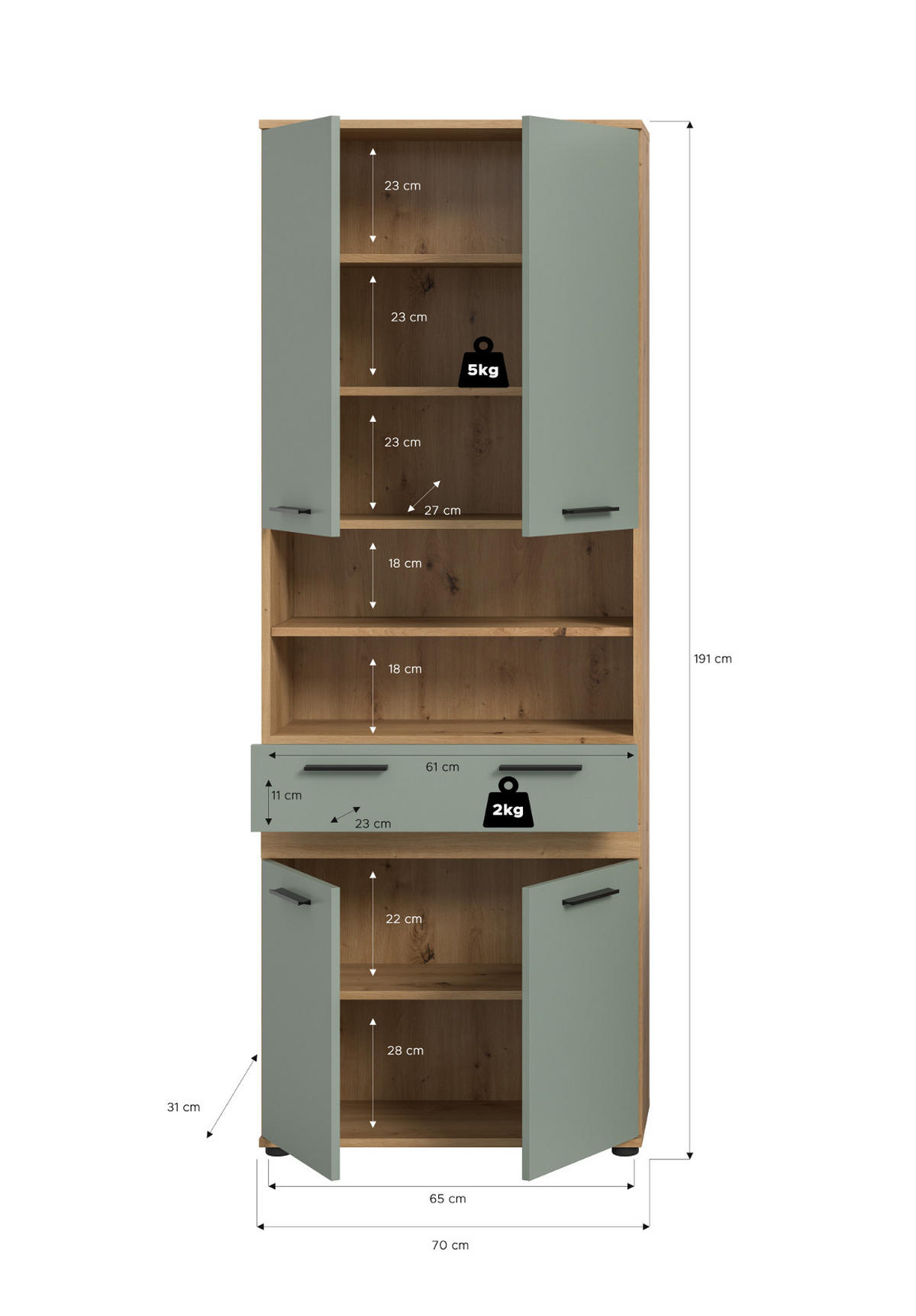 HOCHSCHRANK Salbei, Artisan Eiche 70 x 191 cm, Badschrank mit viel Stauraum - Salbeigrün/Schwarz, Holzwerkstoff/Kunststoff (70/191/31cm) - Inn.Furn