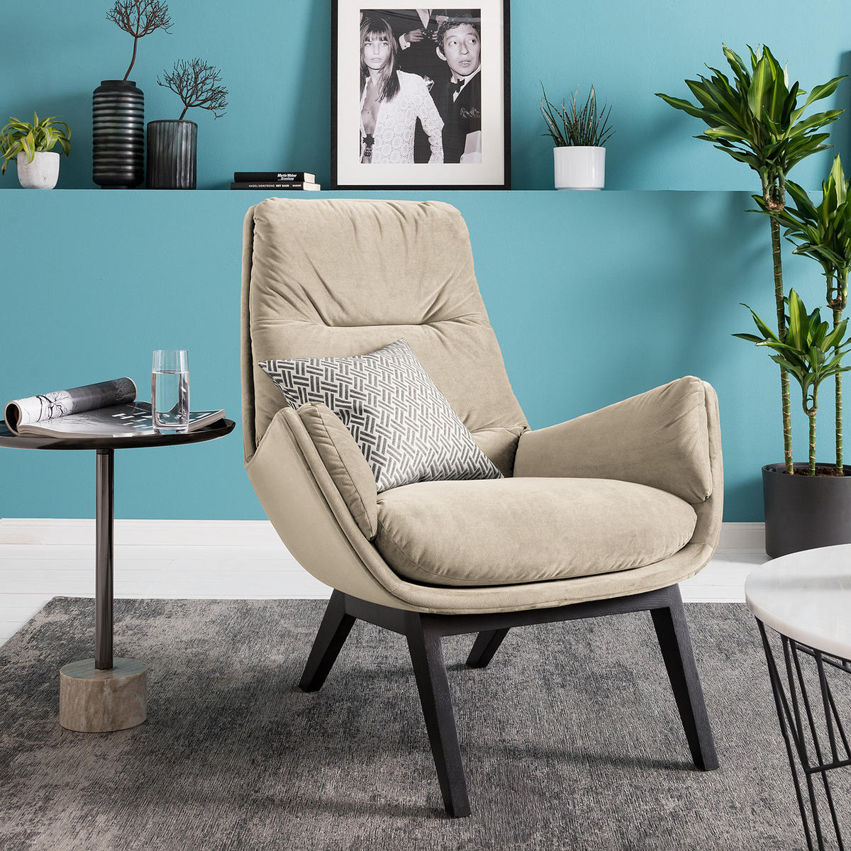 SESSEL mit Holzfüßen - Beige/Schwarz, Eichenholz/Textil (83/95/97cm) - home24