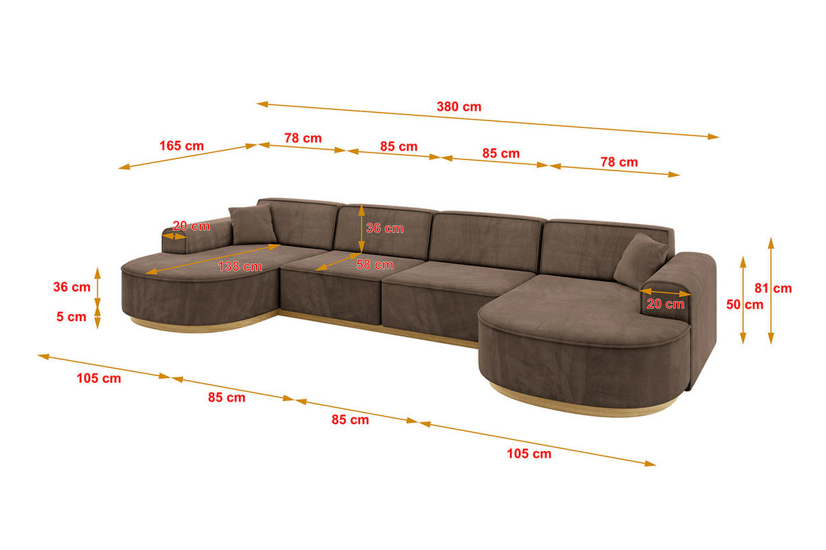 WOHNLANDSCHAFT MARI-U2-v2 - 388x171x83 cm Braun Velours - Braun, Holzwerkstoff/Textil (388/83/171cm) - ALTDECOR