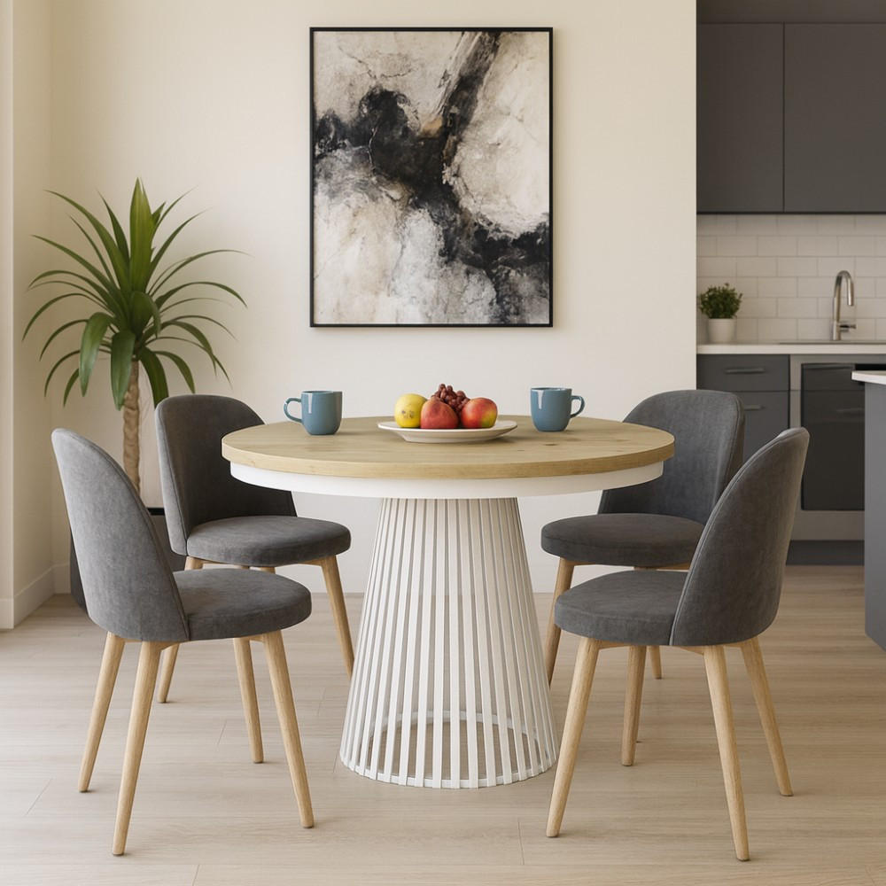 ESSTISCH Lumi, Runder, mit Metallbeinen, eiche Artisan+Weiß - Weiß/Eiche Artisan, Holzwerkstoff/Metall (100/100/77cm) - Beautysofa