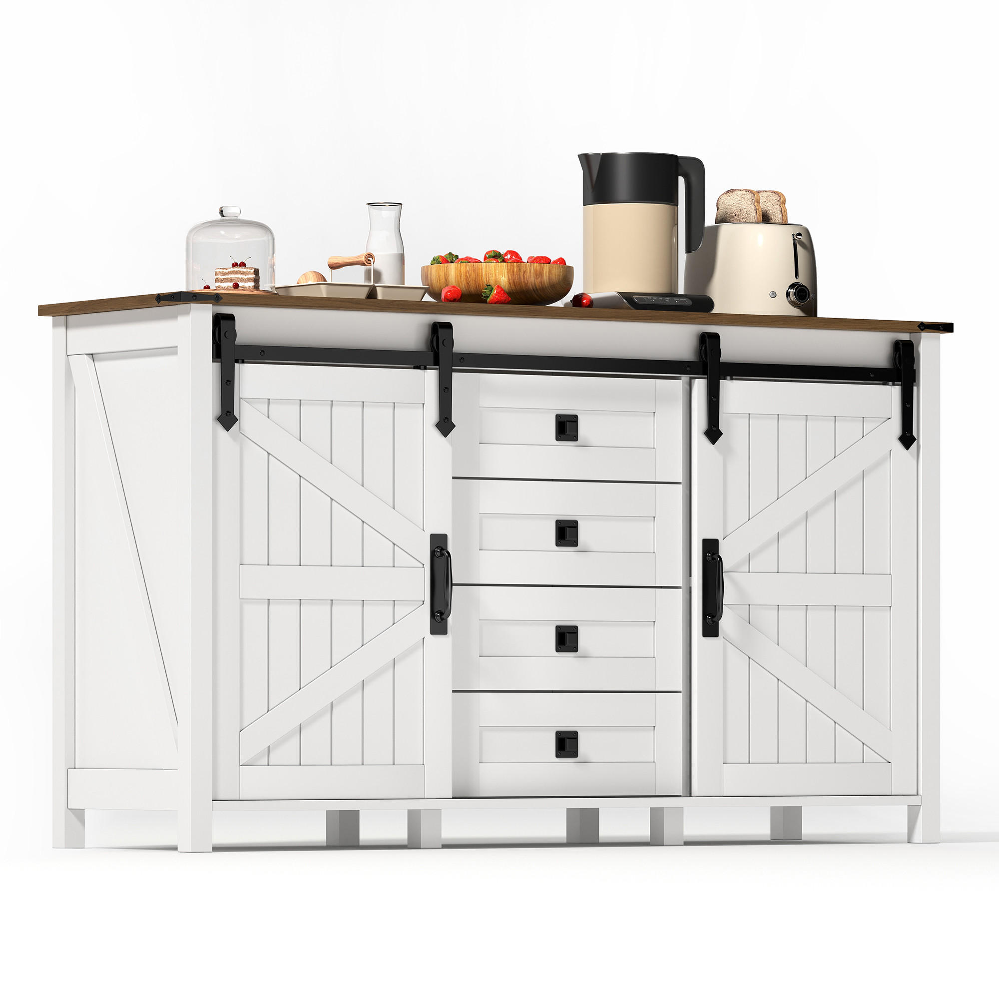 SIDEBOARD im modernen Landhausstil mit 2 Schiebetüren und 4 Schubladen, MDF, 137/40/81,5 cm, Weiß - Weiß, Holzwerkstoff (137/81.5/40cm) - Redom