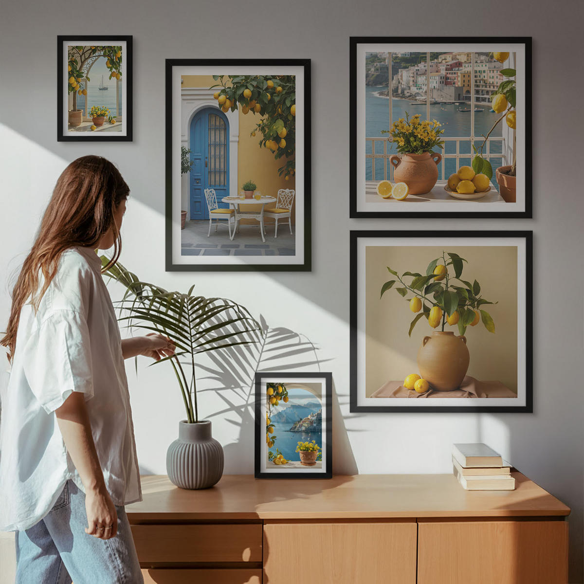 BILDER SET 5er Set - 50x50 cm & 20x30 cm & 40x60 cm Schwarzer Rahmen - Meereslandschaften, Zitronen, Fenster - Schwarz, Kunststoff (40/60cm) - TULUP