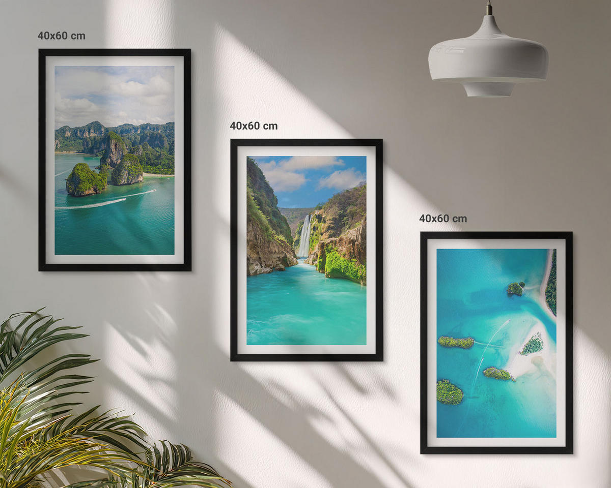 BILDER SET 3er Set - 40x60 cm Schwarzer Rahmen - Tropische Inseln, türkisfarbenes Wasser - Schwarz, Kunststoff (40/60cm) - TULUP
