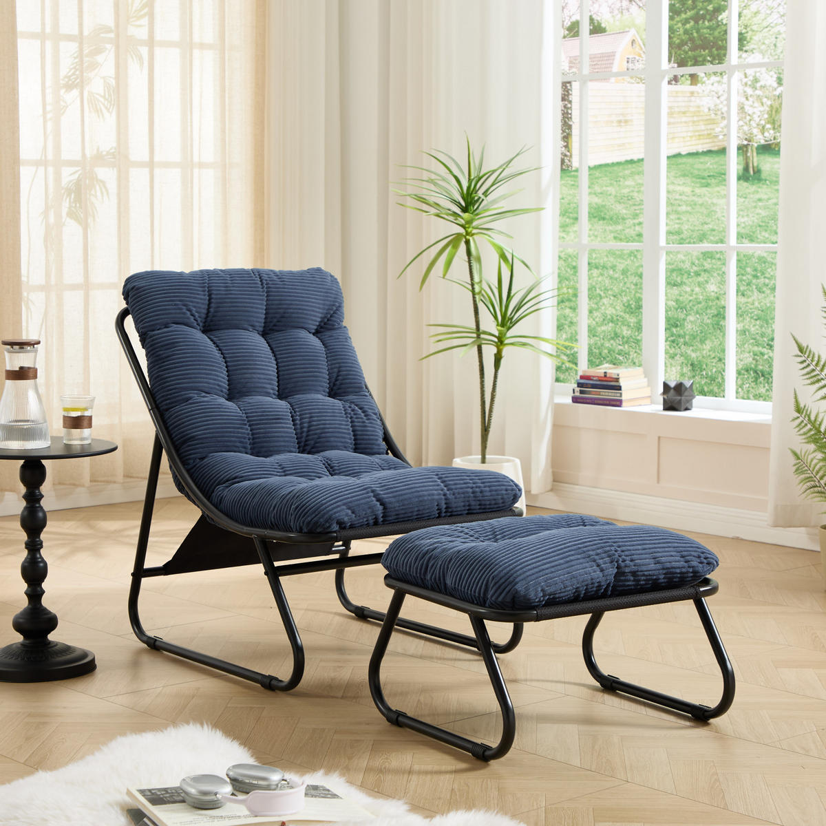 SCHAUKELSTUHL mit Dickem Kissen und Hocker,Blau Metallrahmen für Garten Balkon Wohnzimmer - Blau, Metall (65/86/78cm) - PARAFTA HOME