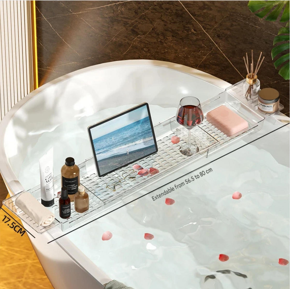 BADEWANNENABLAGE,PET-MATERIAL, (56,5–80) cm × 17,5 cm, Transparent - Transparent, Kunststoff (17.5/5/80cm) - Weltevree