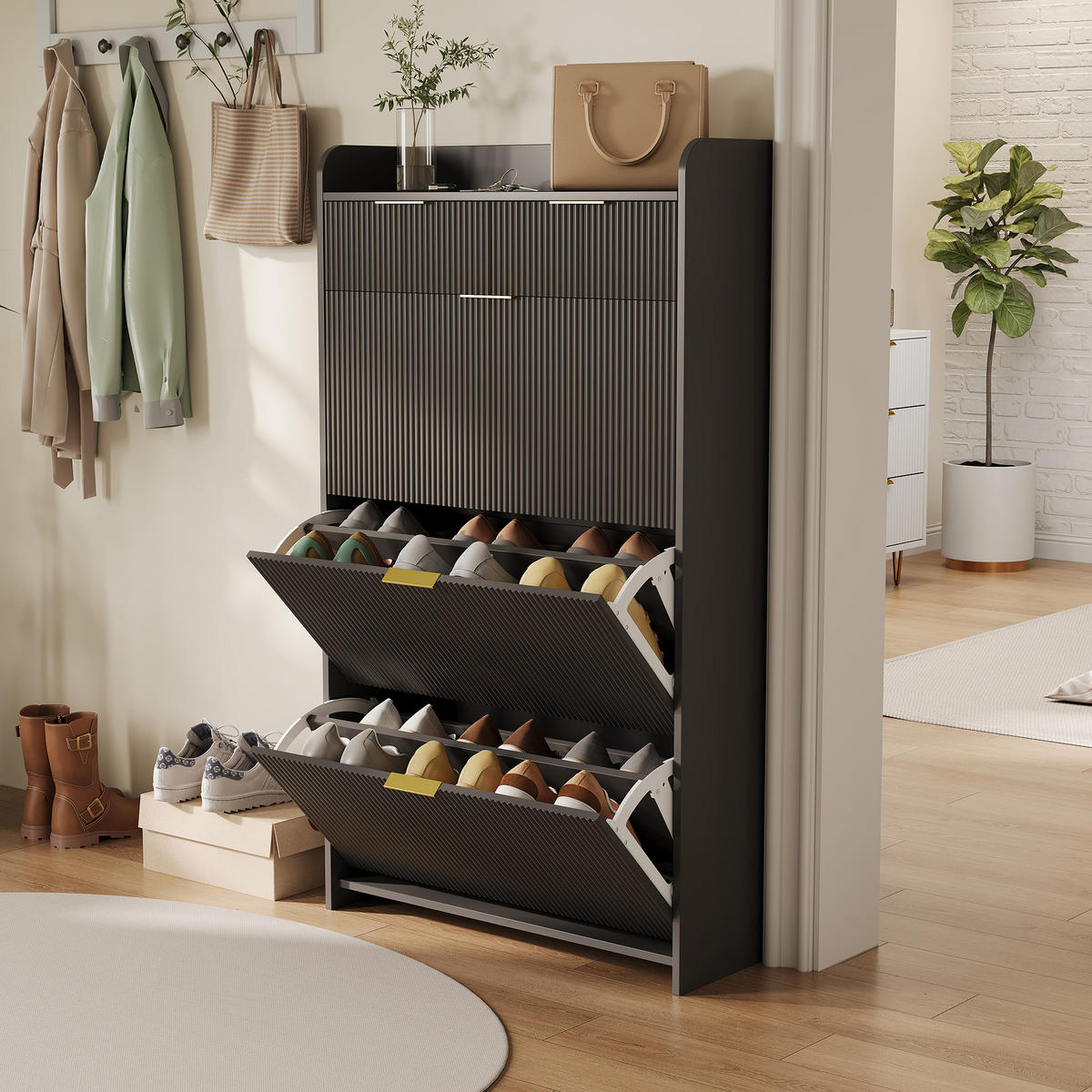 SCHUHSCHRANK Schwarz modern mit oberer Ablage & Schublade - Schwarz, Holzwerkstoff (24.2/133.5/77.1cm) - SHOPENTRA