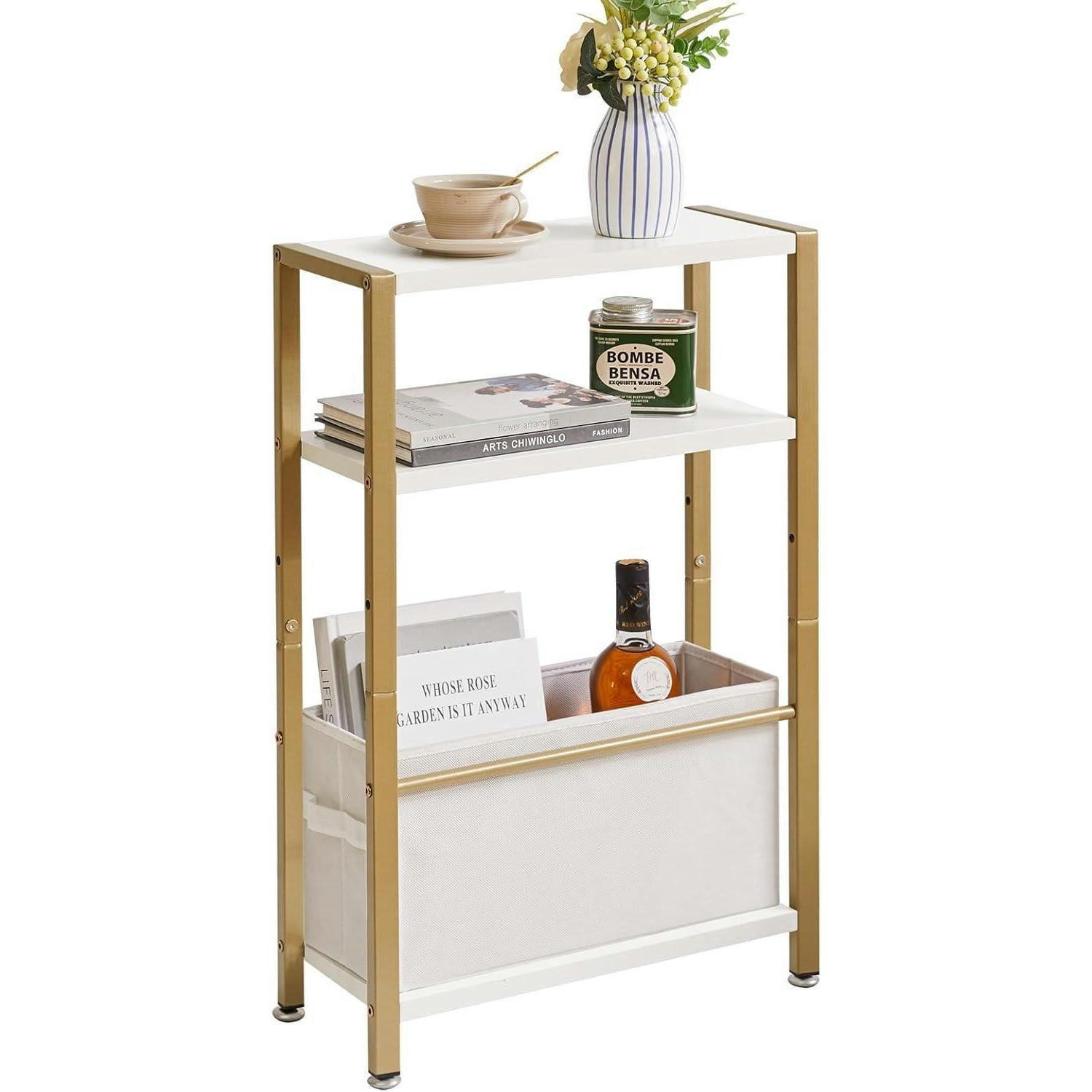 BEISTELLTISCH mit Stoffkorb Weiß Gold 43 x 18 x 64 cm - Multicolor, Metall (43/18/66cm)