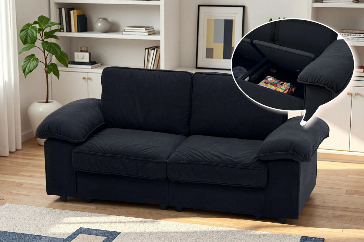 2-SITZER Sofa mit Stauraum Stoffbezug und Holzrahmen 201/91/89 cm Schwarz - Schwarz, Textil (91/89/201cm) - Redom
