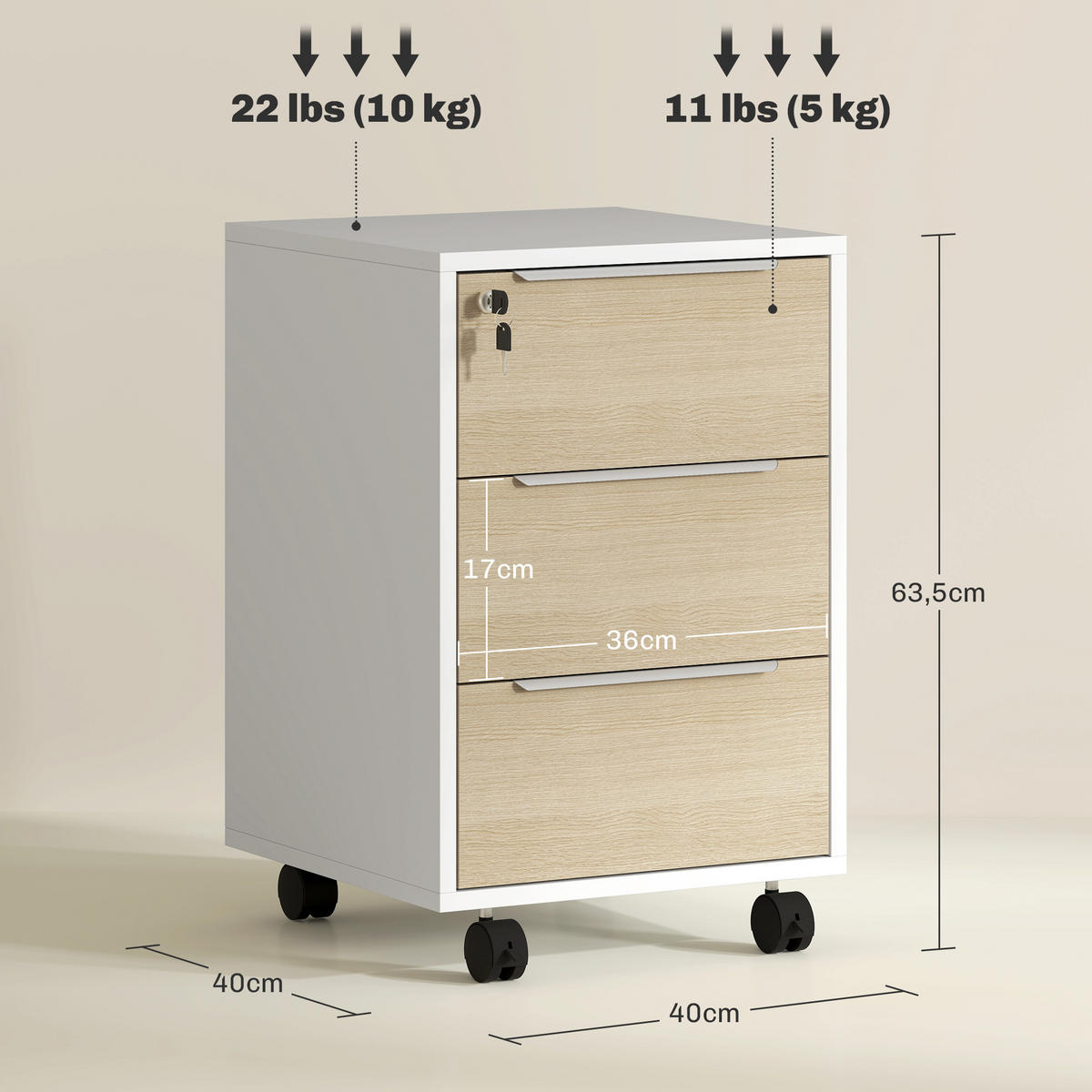 ROLLCONTAINER DE-14471 3 Schubladen abschließbar Eiche - Eichefarben, Holzwerkstoff (40/63.5/40cm) - ComfortXL