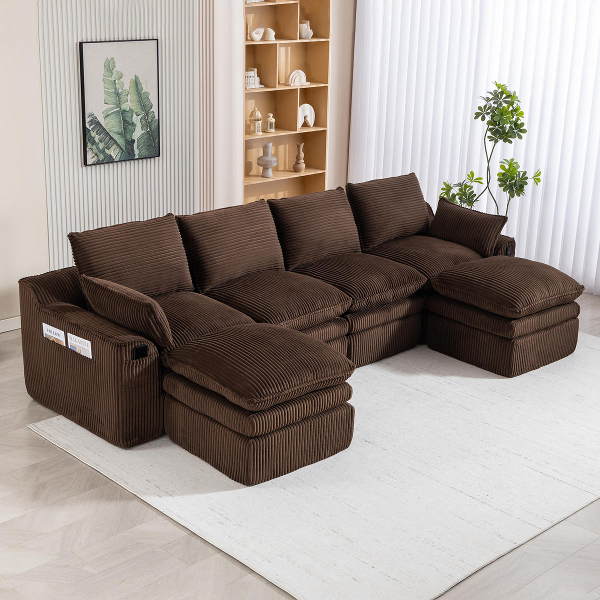 WOHNLANDSCHAFT Cord Braun mit Kissen, Seitentaschen und Hocker - Braun, Textil (335/85/167cm) - WISHDOR