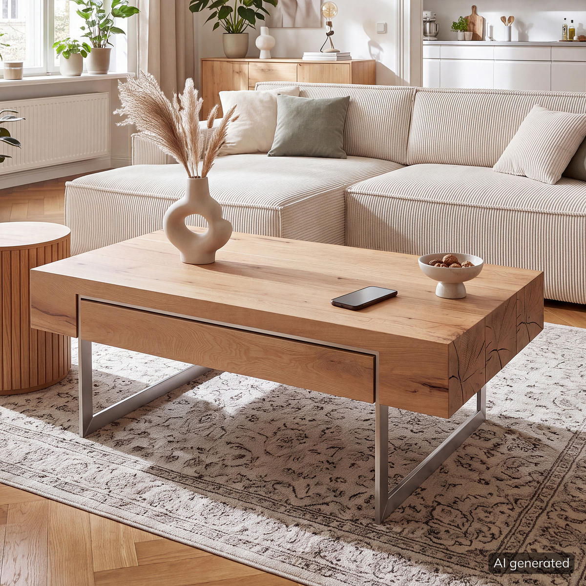 COUCHTISCH - Eiche Dekor / Silber - Braun, Holzwerkstoff/Metall (60/110/40cm) - home24