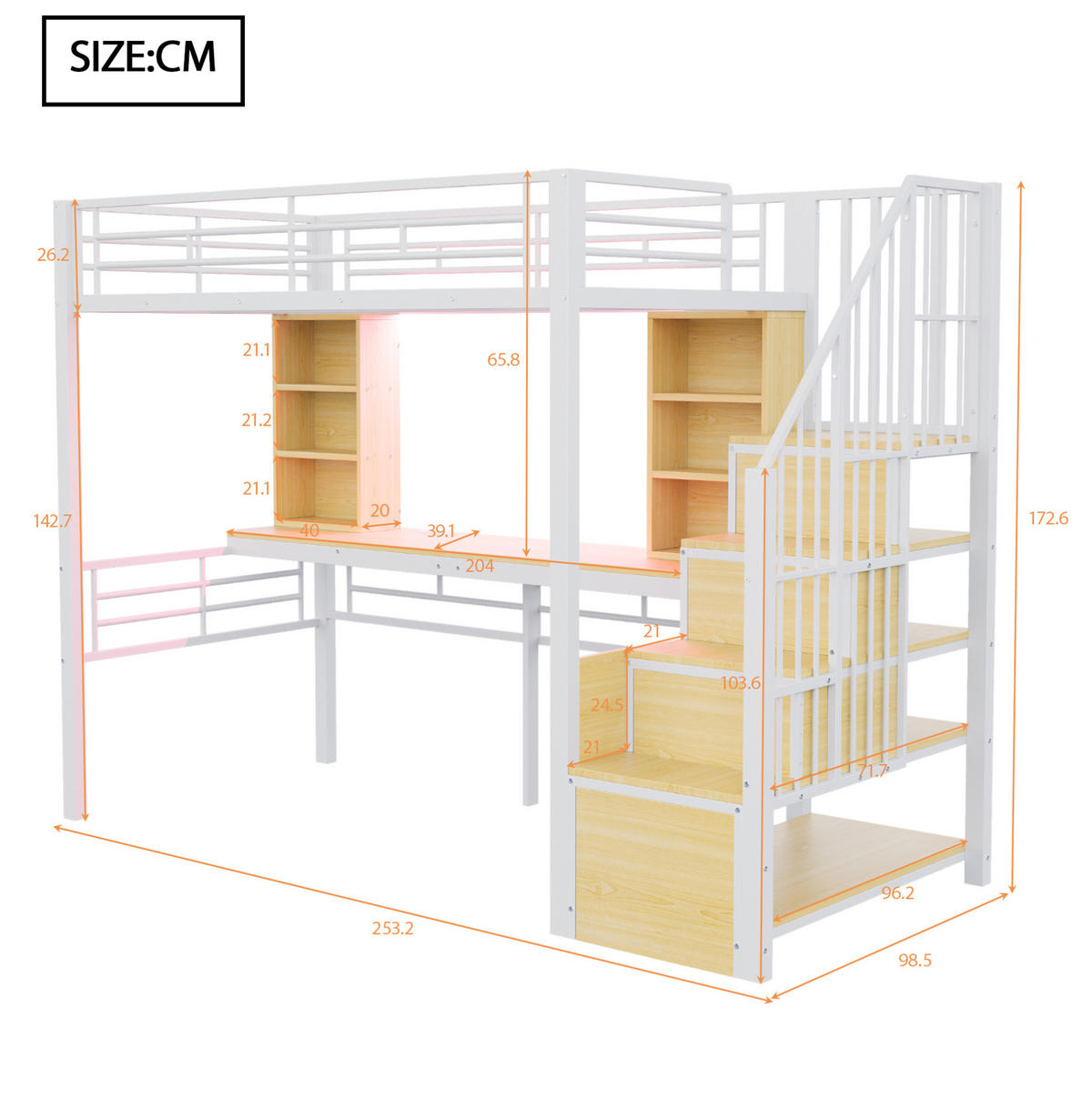 HOCHBETT 90/200 cm, Weiß mit Schreibtisch, LED und Stauraumtreppe - Weiß, Metall (90/200cm) - MIVRAY