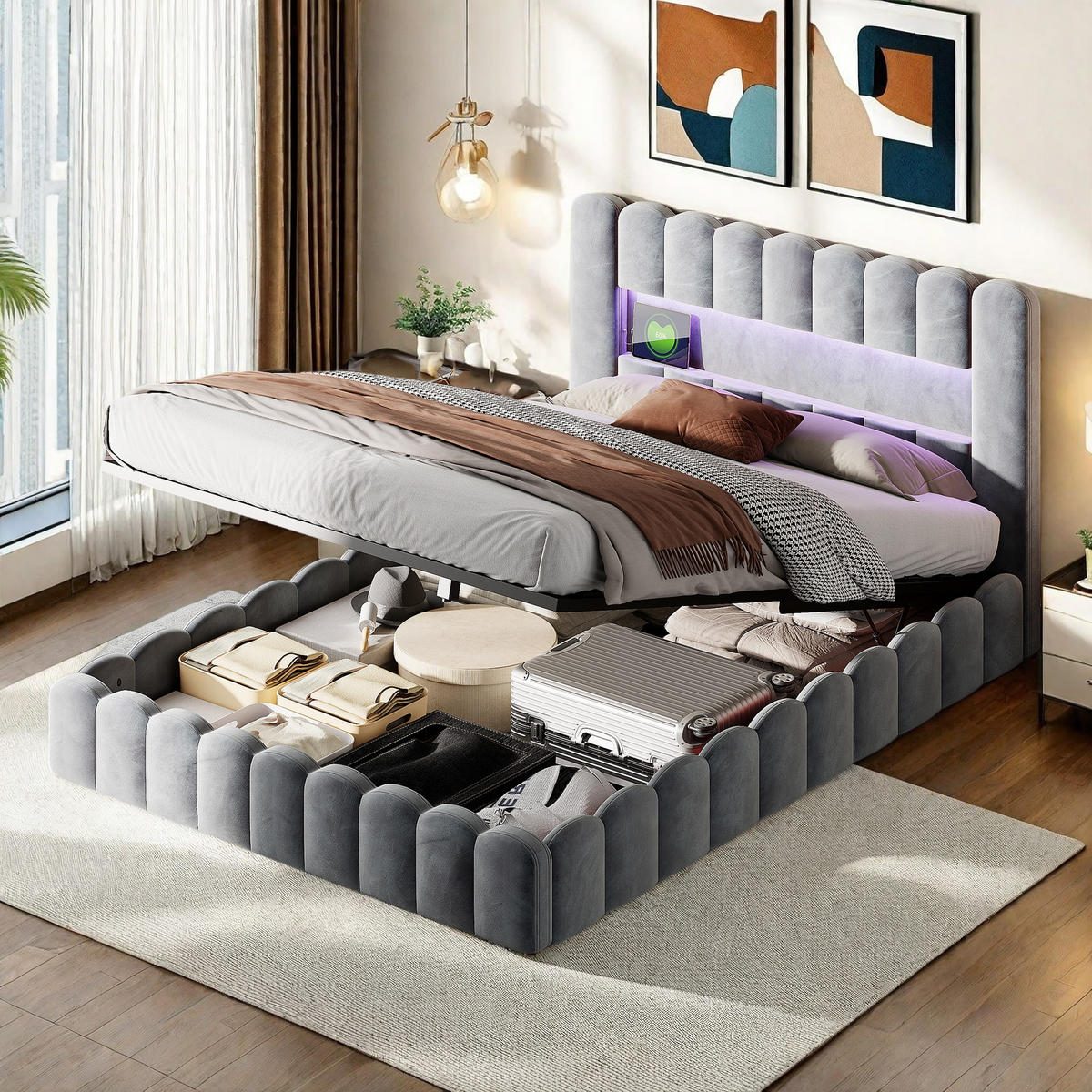 POLSTERBETT 180x200 cm Grau Leinen LED USB Typ-C - Grau, Metall (180/200cm) - SHOPENTRA