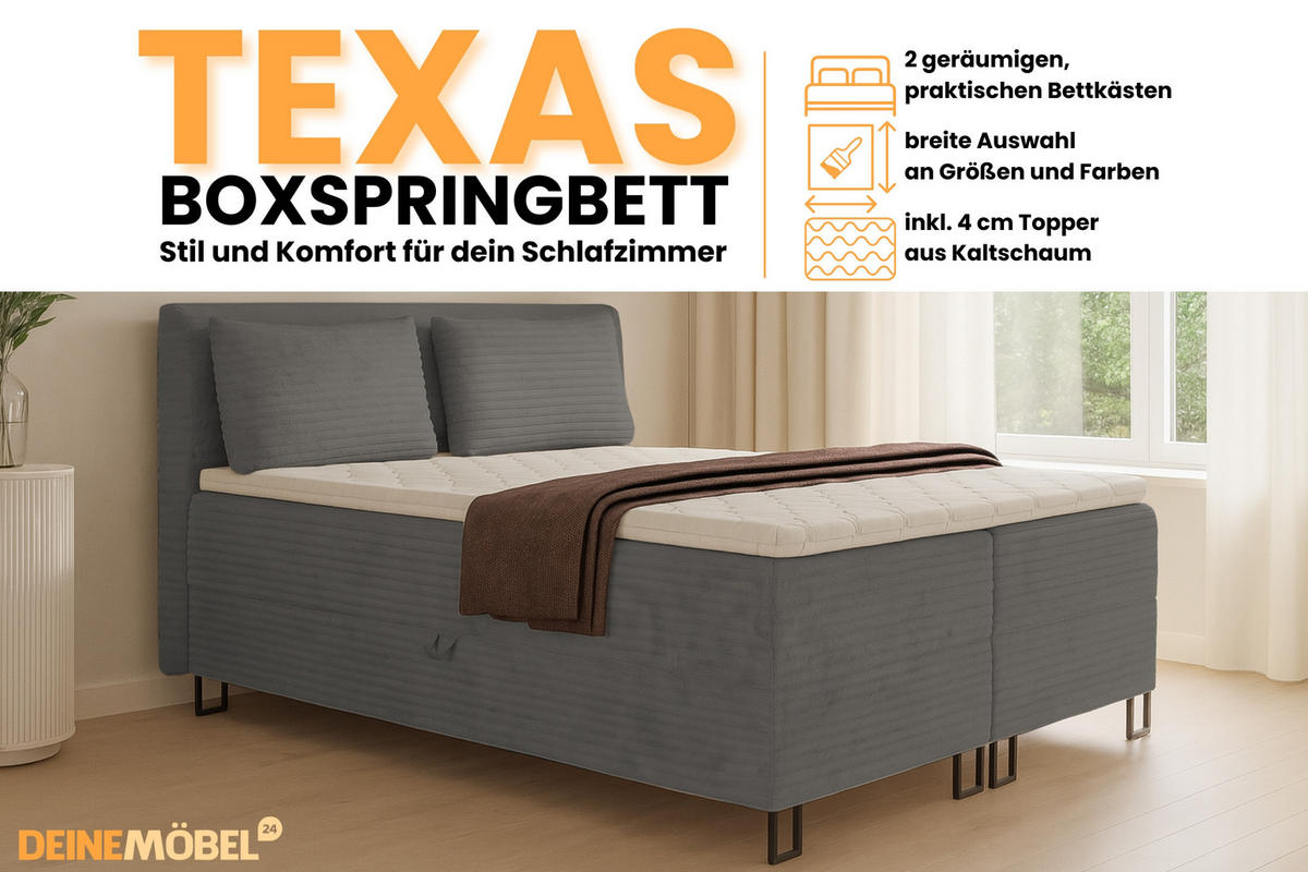 BOXBETT TEXAS 140/200 in Cord Grau mit Bonell-Federkernmatratzen H3 - Grau, Holz/Holzwerkstoff (140/200cm) - Deine Möbel 24