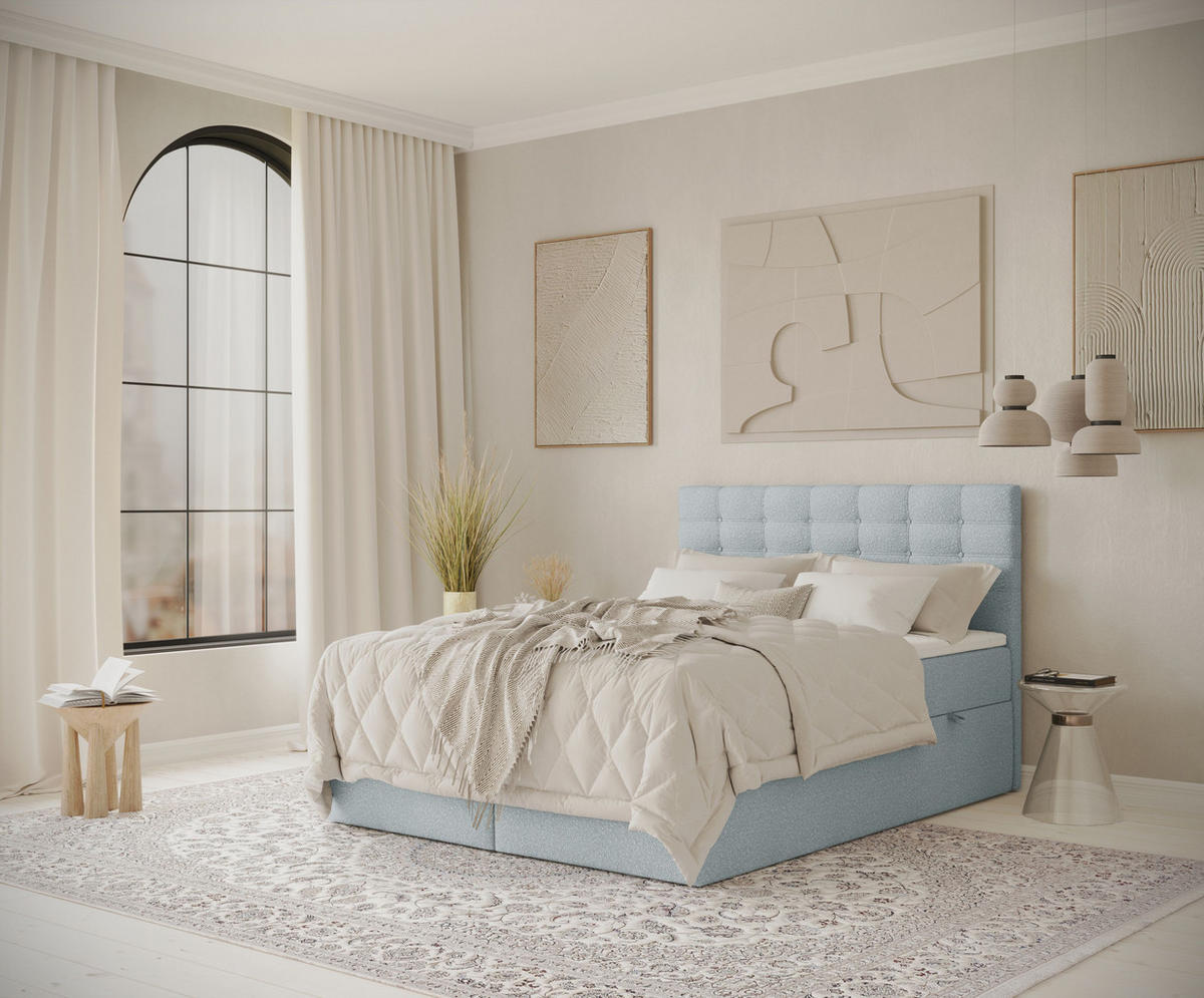 BOXBETT Sansa Hellblau 120/200 cm mit Taschenmatratze und Topper - Schwarz/Hellblau, Holz/Holzwerkstoff (120/200cm) - Maison de Reve