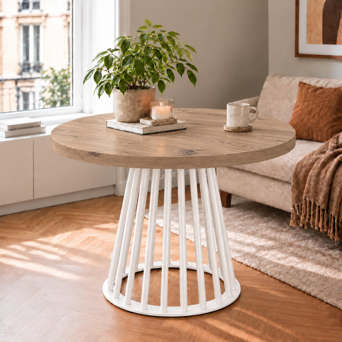 ESSTISCH rund ausziehbar 100/300/76 cm, Eiche Halifax Egger, 54 cm Tischplatte + Lamellen-Metallgestell Weiß - Eichefarben/Graubraun, Holzwerkstoff/Metall (100/300/76cm) - Damale Möbel
