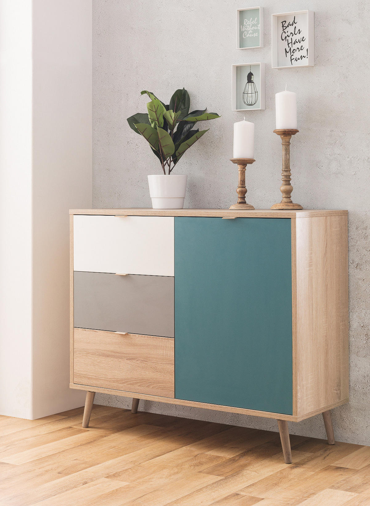 KOMMODE Eiche Sonoma, Petrol, weiß, grau, Anrichte Tricolor skandinavisch - Eichefarben/Petrol, Holz/Holzwerkstoff (103/87/40cm) - Furn.Design