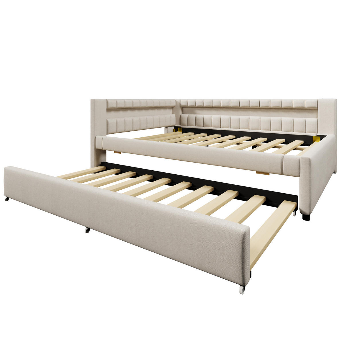 POLSTERBETT mit LED-Beleuchtung 140/200 cm mit Ausziehbett in Beige - Beige, Textil (140/200cm) - BEAOK