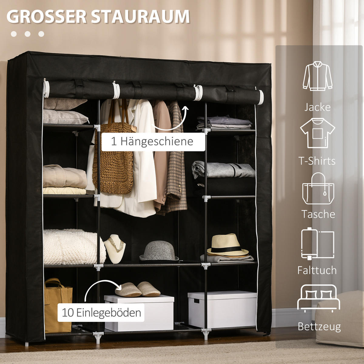 KLEIDERSCHRANK 150/162,5/43 cm Schwarz aus Stahl mit Reißverschluss - Schwarz, Metall (43/162.5/150cm) - OKMYHOME