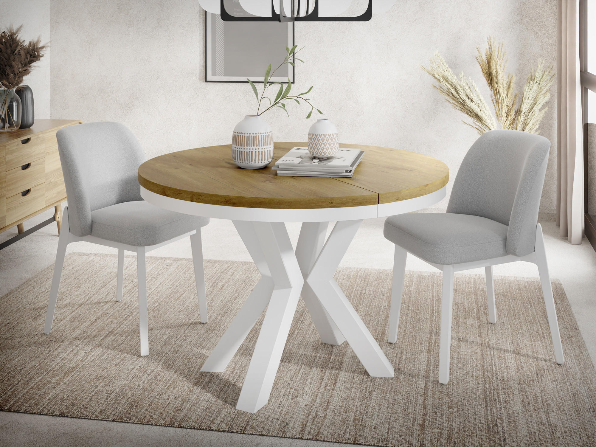 ESSTISCH Clara Weiß runder ausziehbarer, Lancelot Eiche 100-180/100/76 cm - Eichefarben/Weiß, Holzwerkstoff/Metall (100/100/76cm) - WFL GROUP