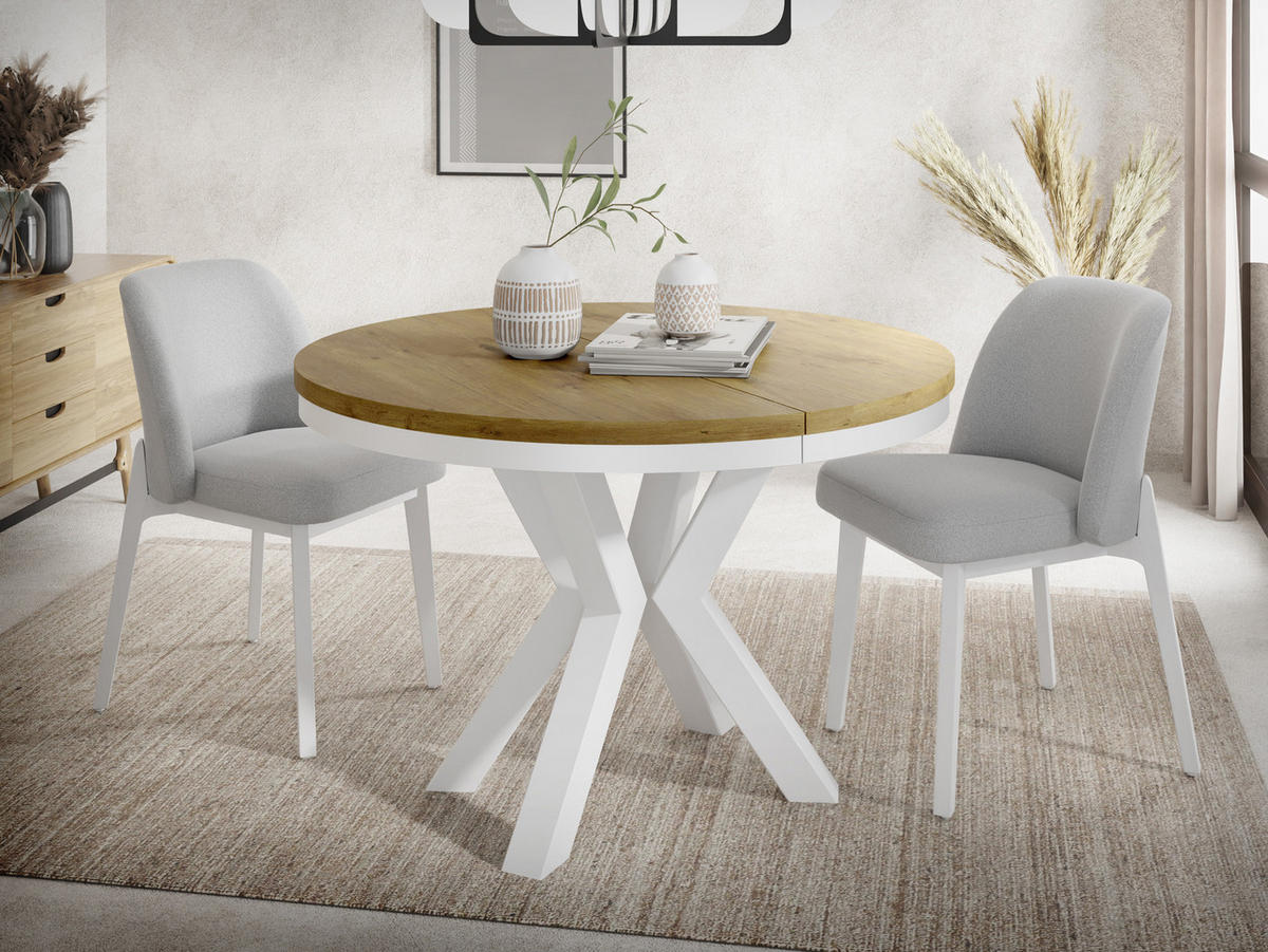 ESSTISCH Clara Weiß runder ausziehbarer, Lancelot Eiche 120-200/120/76 cm - Eichefarben/Weiß, Holzwerkstoff/Metall (120/120/76cm) - WFL GROUP