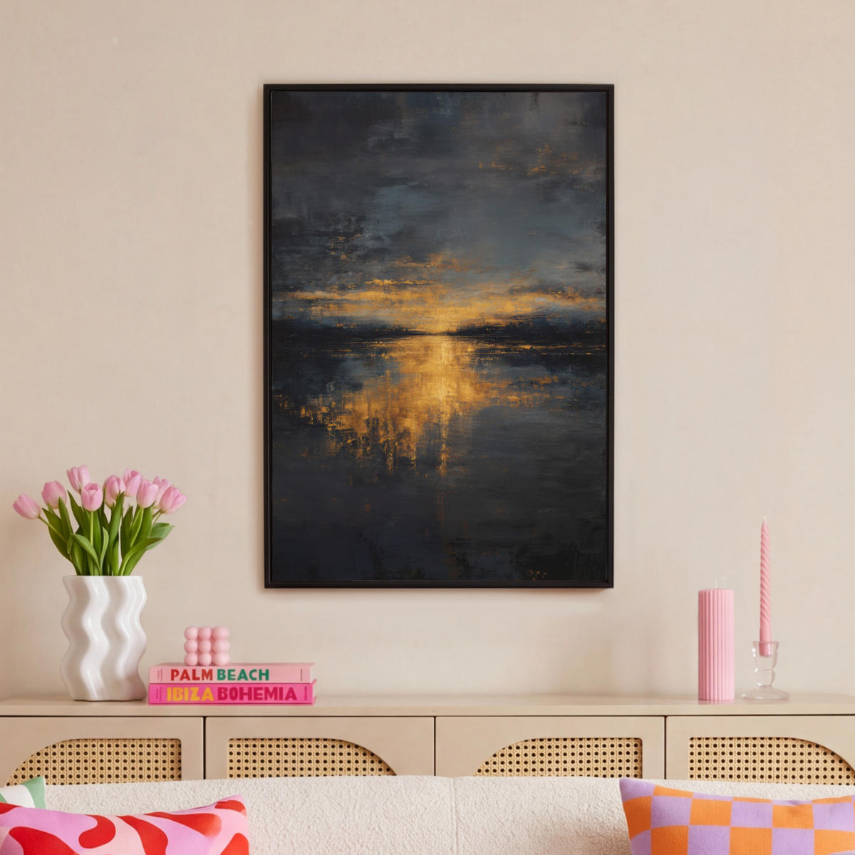 LEINWAND Bilder mit Rahmen - Goldene Reflexion auf dem Wasser - 60x90 - Anthrazit, Textil (60/90cm) - MuchoWow