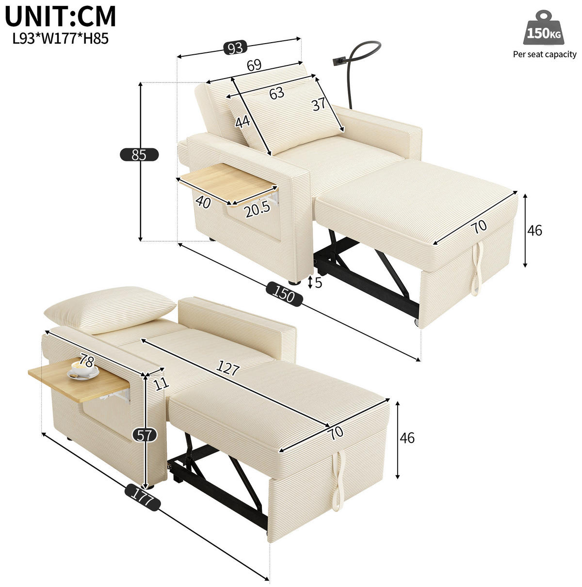ROZKLÁDACÍ pohovka 93/150/85 cm béžová z manšestru s USB a Type-C portem a držákem telefonu - béžová, textil (93/85/150cm) - OKWISH
