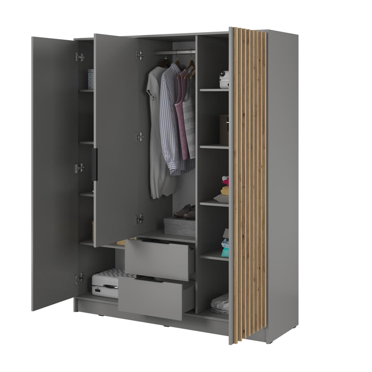 DREHTÜRENSCHRANK NELIANA 155/200/51 cm 3-türig mit Spiegel Grau - Grau, Holzwerkstoff (155/200/51cm) - MASSENO
