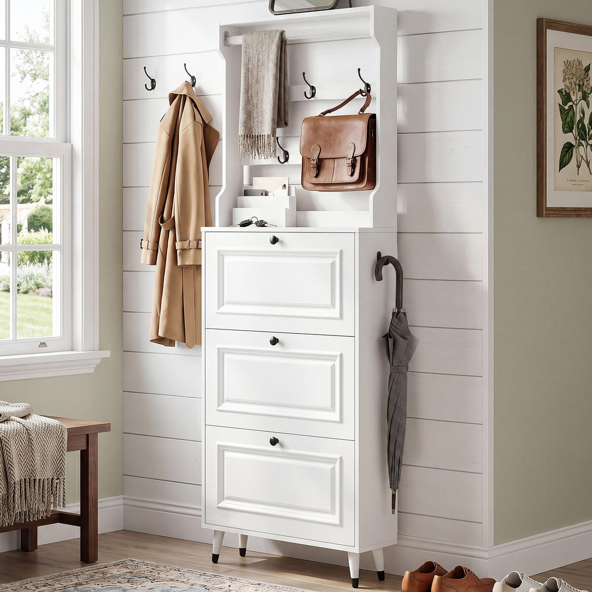 GARDEROBE mit Schuhschrank, Haken und Stauraum für den Eingangsbereich - Weiß, Holzwerkstoff (17/180/66cm) - Korfee