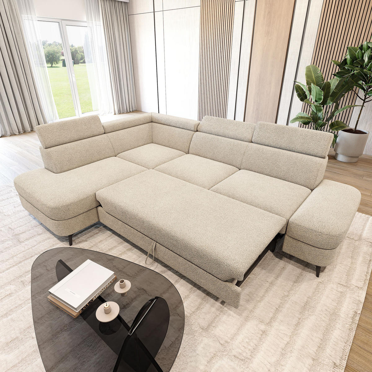 ECKSOFA AVISE Q L-S Creme Boucle-Stoff mit Schlaffunktion - Creme, Holzwerkstoff/Textil (268/195cm) - MASSENO