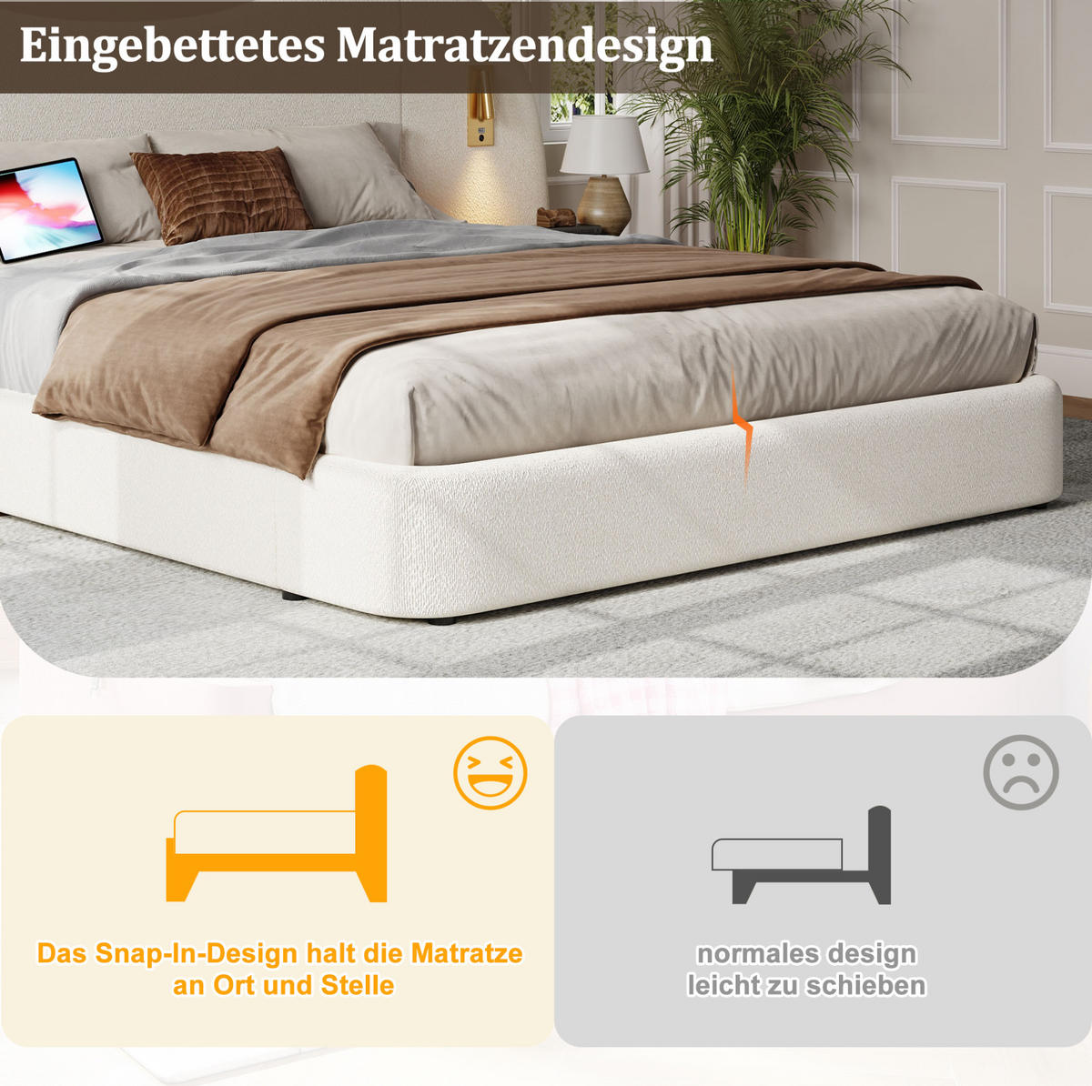 POLSTERBETT 180/200 cm mit Bettkasten, USB-Anschluss und Leselampen in Weiß - Weiß, Textil (180/200cm) - BEAOK