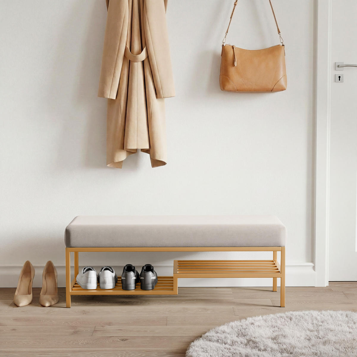 POLSTERBANK STEP 80 cm Gold / Creme ,Metallgestell - Creme, Metall (80/45/35cm) - Idohome