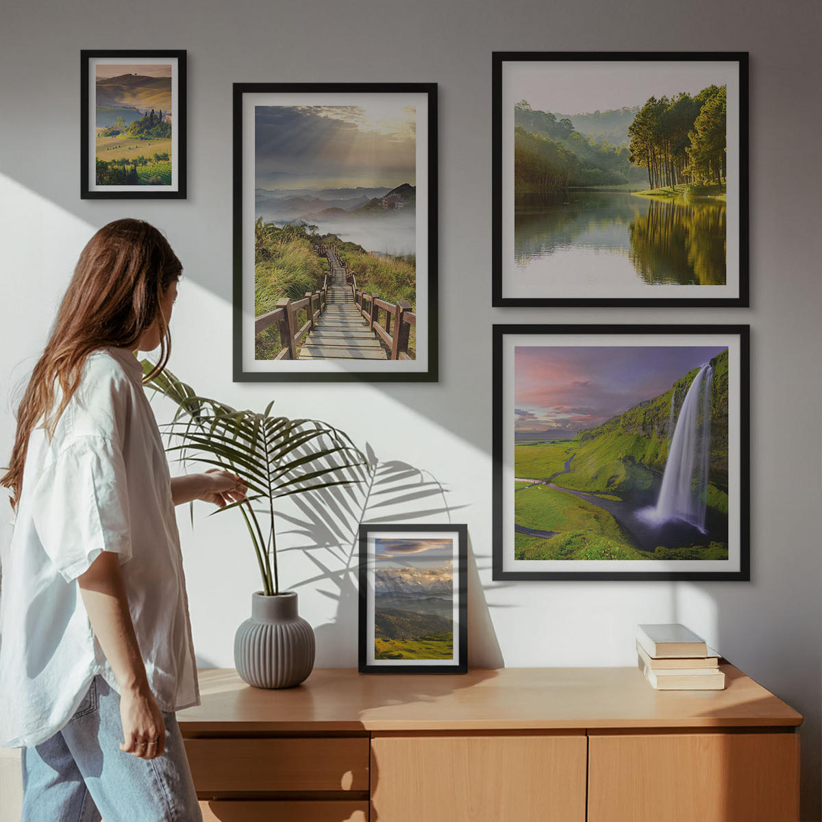 WANDBILDER 5er-Set - 50x50 cm & 20x30 cm & 40x60 cm Schwarzer Rahmen - Aquarell von grünen tropischen Blättern - Schwarz, Kunststoff (40/60cm) - ArtPrintCave
