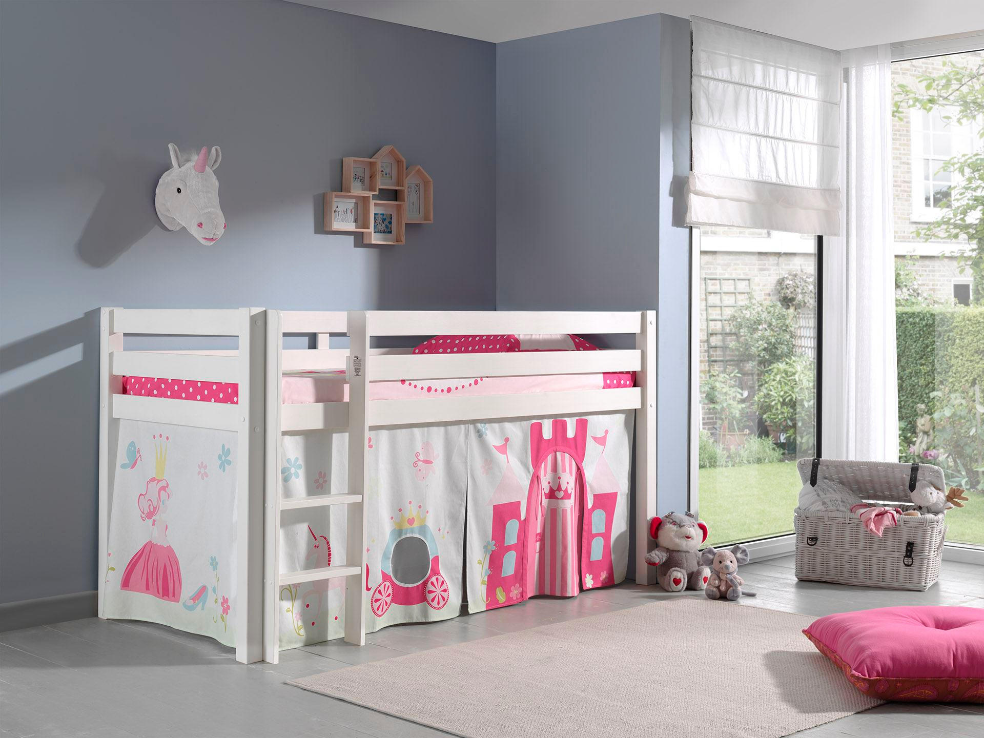 KINDERBETT Karolina 210x114x106 Massivholz Weiß Textilset Princess 1 - Magenta/Weiß, Holz (90/200cm) - 58aufmkessel