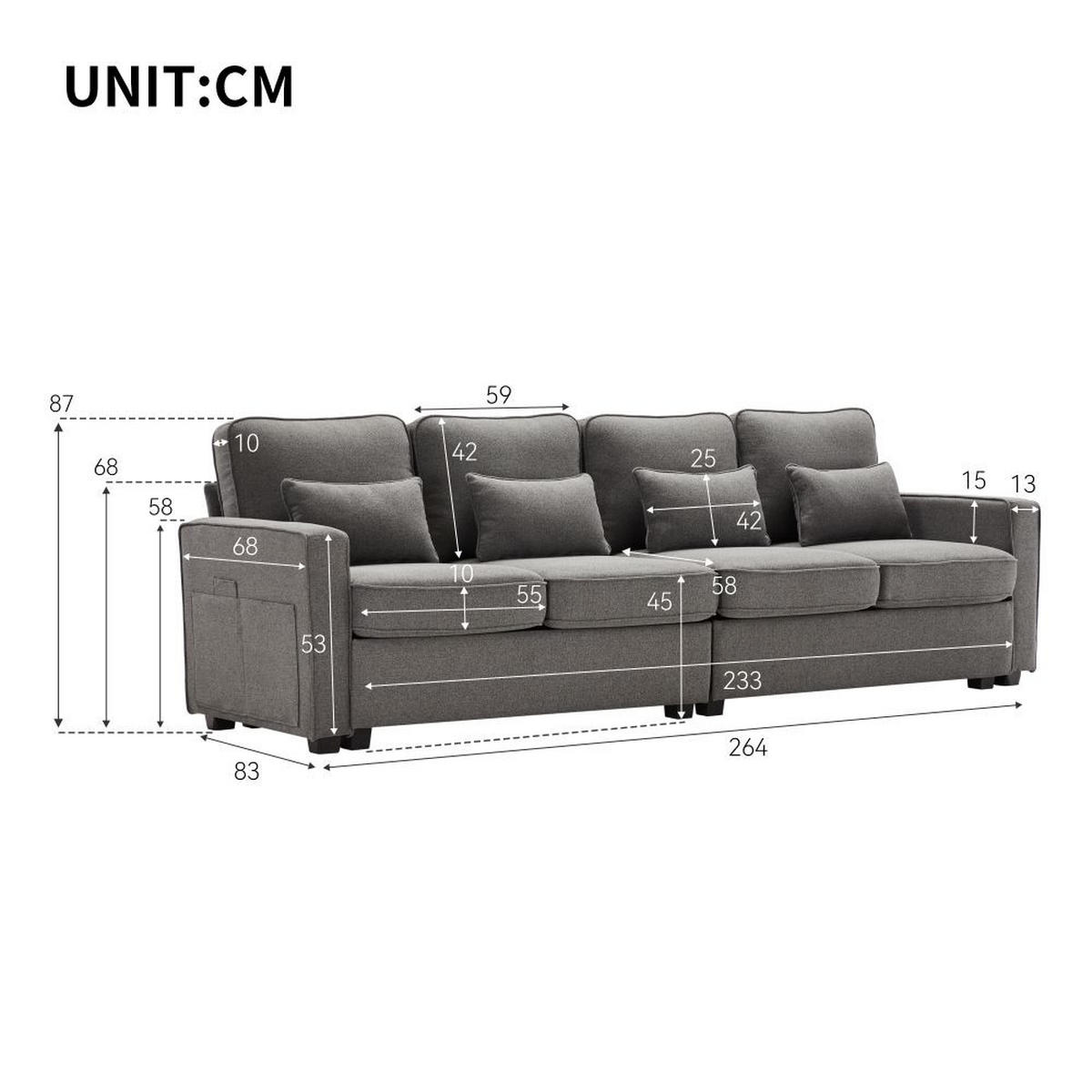 VIERSITZER-SOFA in Dunkelgrau Leinen mit 4 Kissen - Dunkelgrau, Textil (83/87/264cm) - KOMHTOM