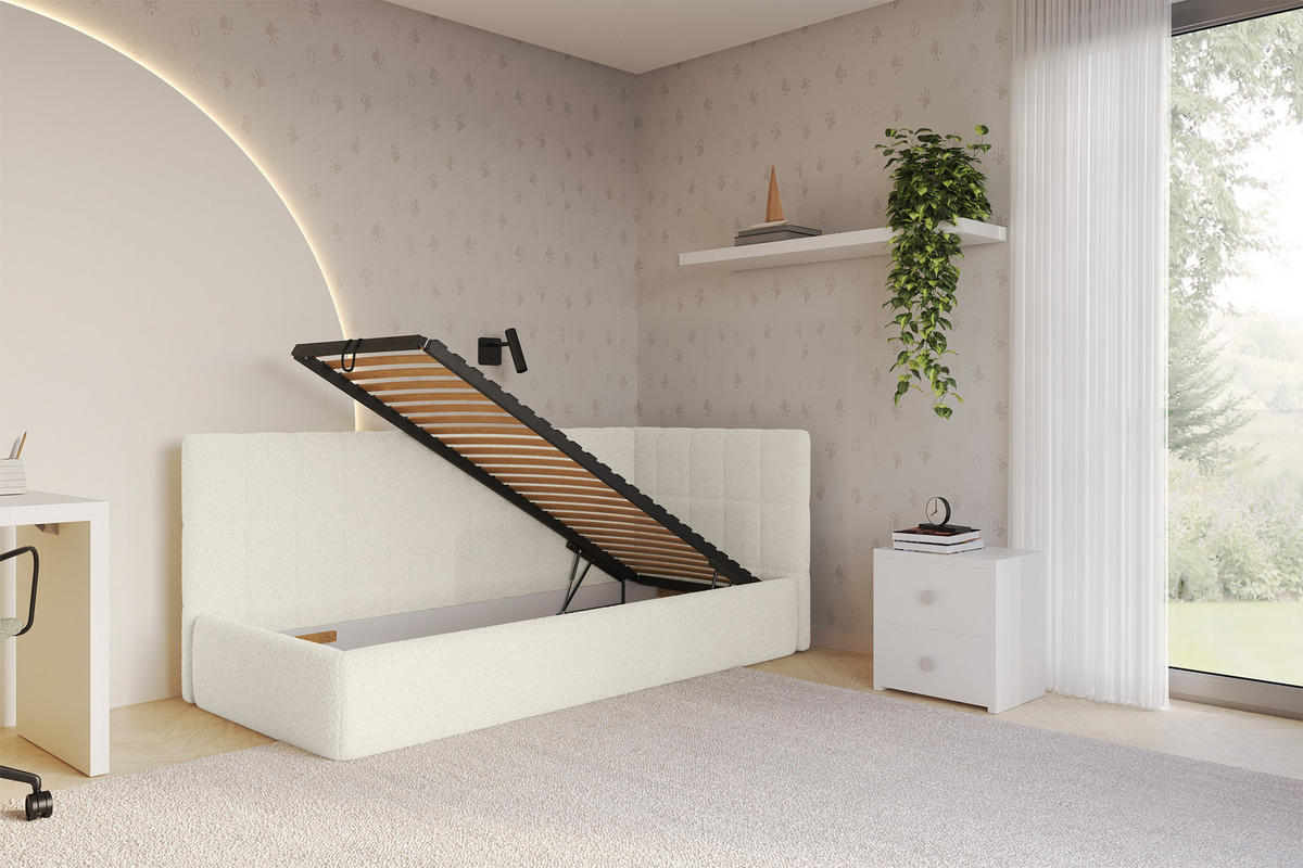 EINZELLBETT Jugendbett mit Bettkasten, Links - TULY 90x200 Beige - Champagner, Holzwerkstoff/Textil (90/200cm) - ALTDECOR