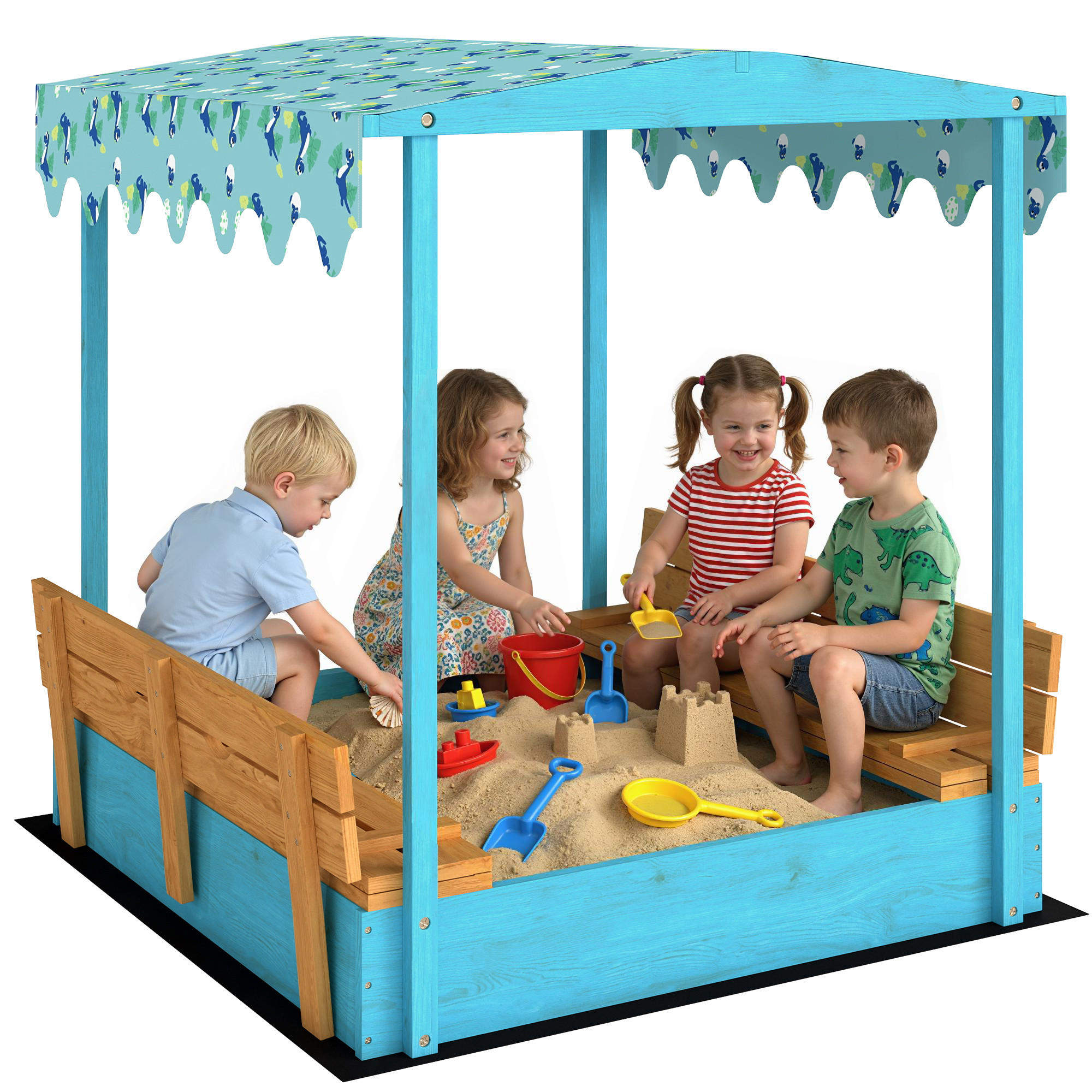 SANDKASTEN DE-18760 mit Klappbänken & Flamingo-Sonnensegel Blau - Blau, Holzwerkstoff (134.5/127.5/130cm) - ComfortXL