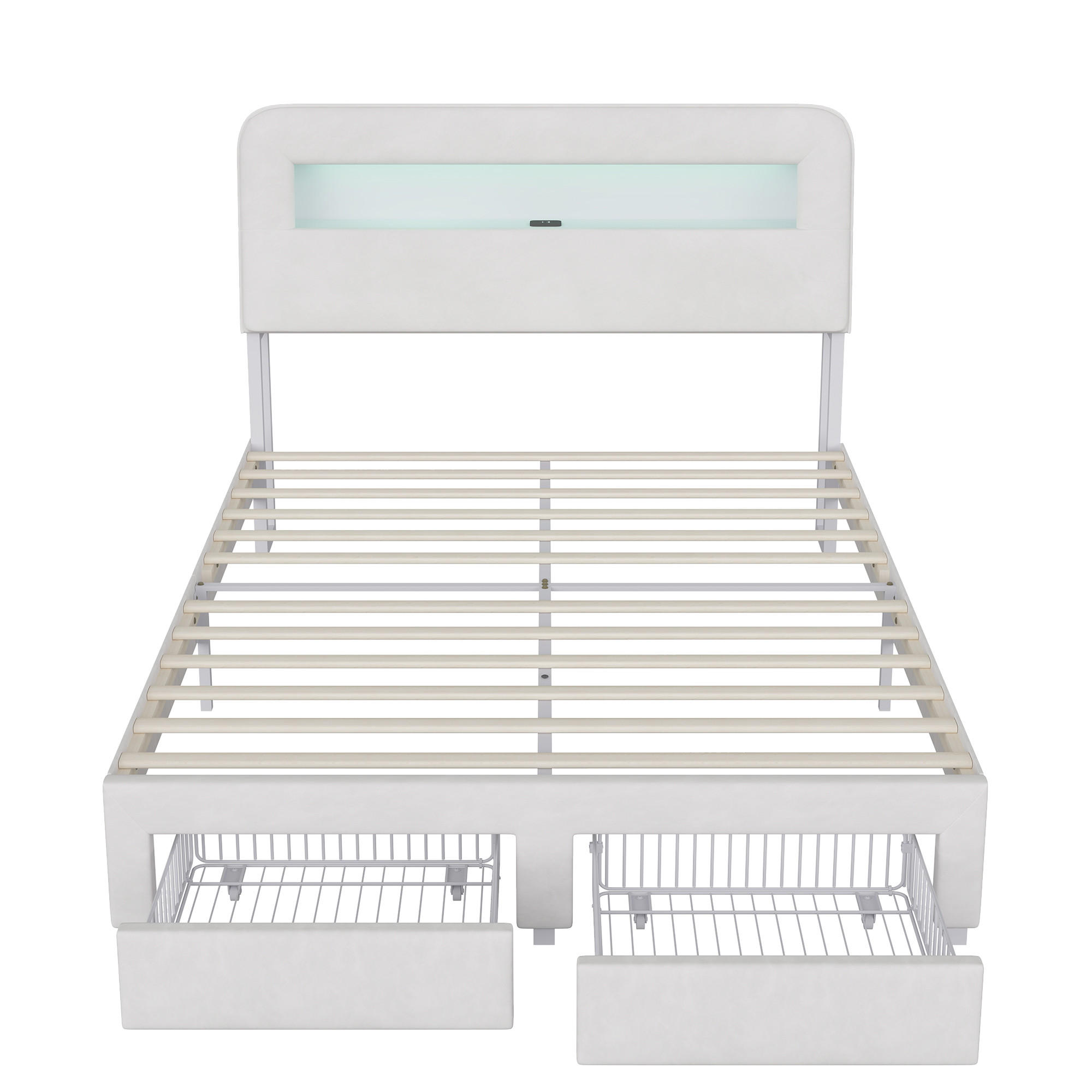 POLSTERBETT 140/200 cm Weiß mit 2 Schubladen, LED-Kopfteil mit Ablage und USB-Anschluss - Weiß, Metall (140/200cm) - EuroLiving