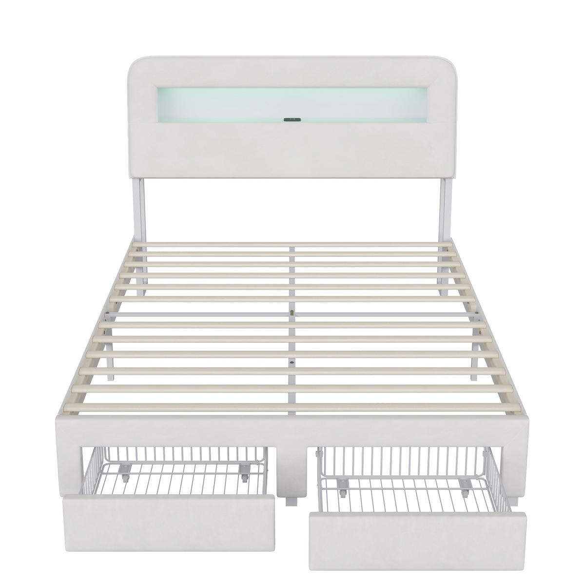 POLSTERBETT 140/200 cm Weiß mit 2 Schubladen, LED-Kopfteil mit Ablage und USB-Anschluss - Weiß, Metall (140/200cm) - EuroLiving