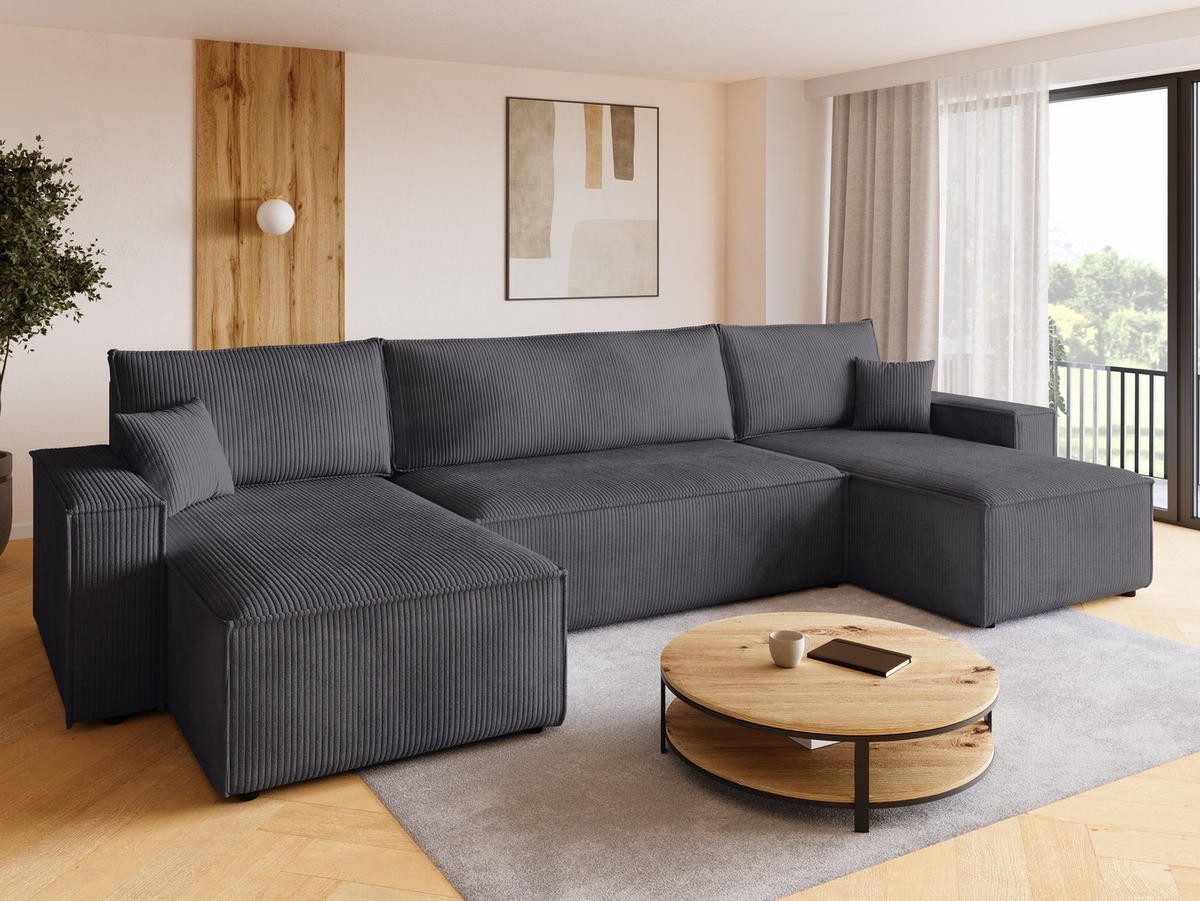 WOHNLANDSCHAFT ADI U mit Schlaffunktion Cordstoff Grau - Grau, Textil (312/85/143cm) - Bromarkt