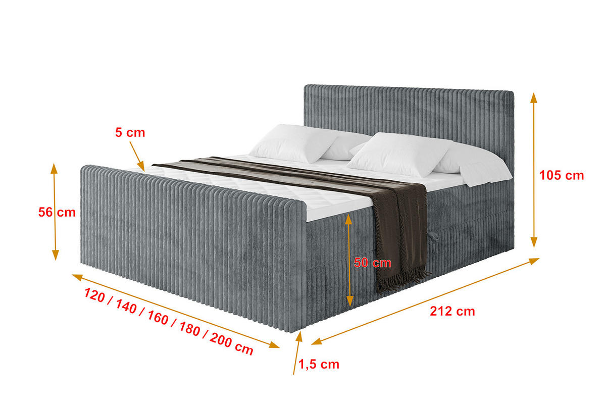 BOXBETT mit Matratze H4 und Lattenrost - TOLO-Z - 120x200 Cord - Dunkelgrau - Dunkelgrau, Holzwerkstoff (120/200cm) - ALTDECOR