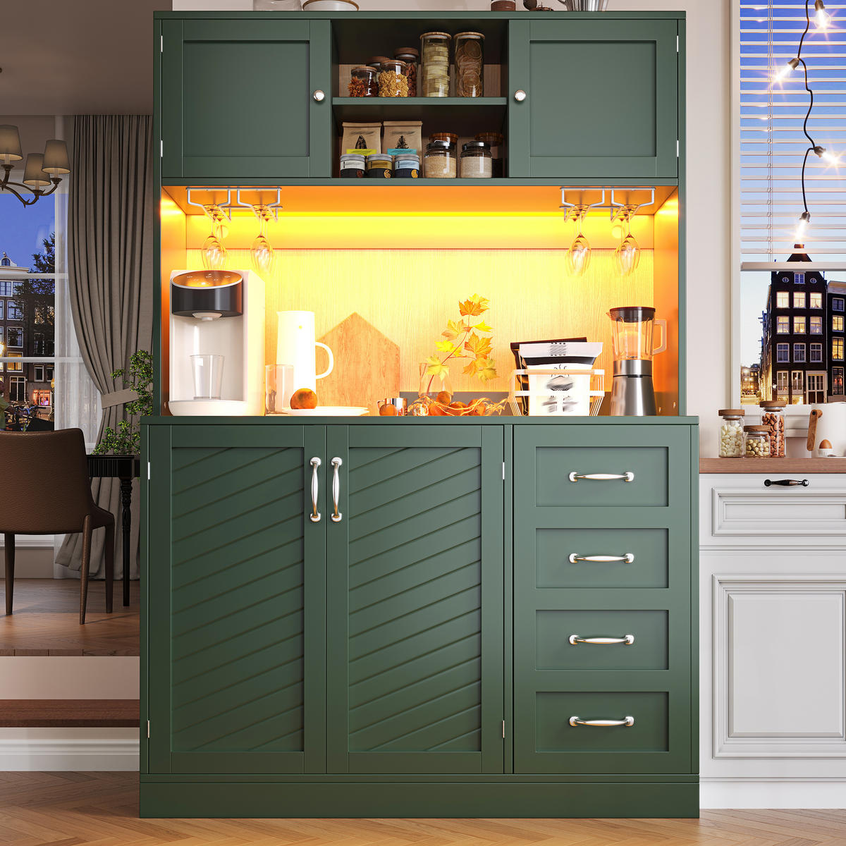 KÜCHENSCHRANK LED 120x40x188Cm 4 Türen Snackregal - Grün, Holzwerkstoff (120/188/40cm) - FLIEKS
