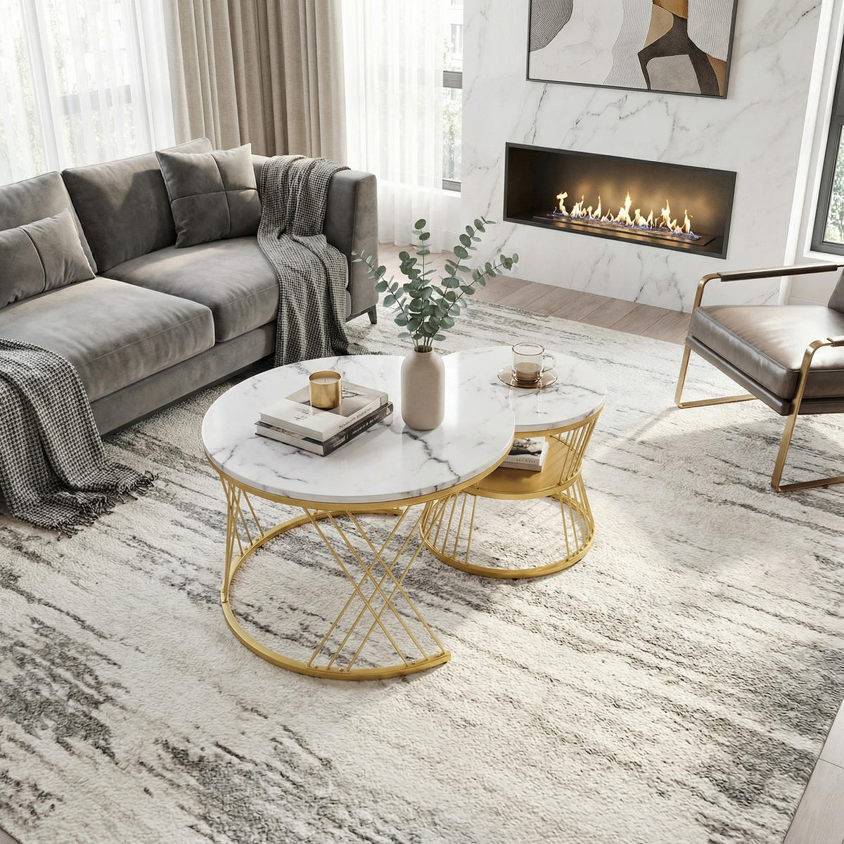 COUCHTISCH Nesting 2er-Set in Weiß Marmor-Optik - Weiß, Holzwerkstoff (70/70/45cm) - Urban Meuble