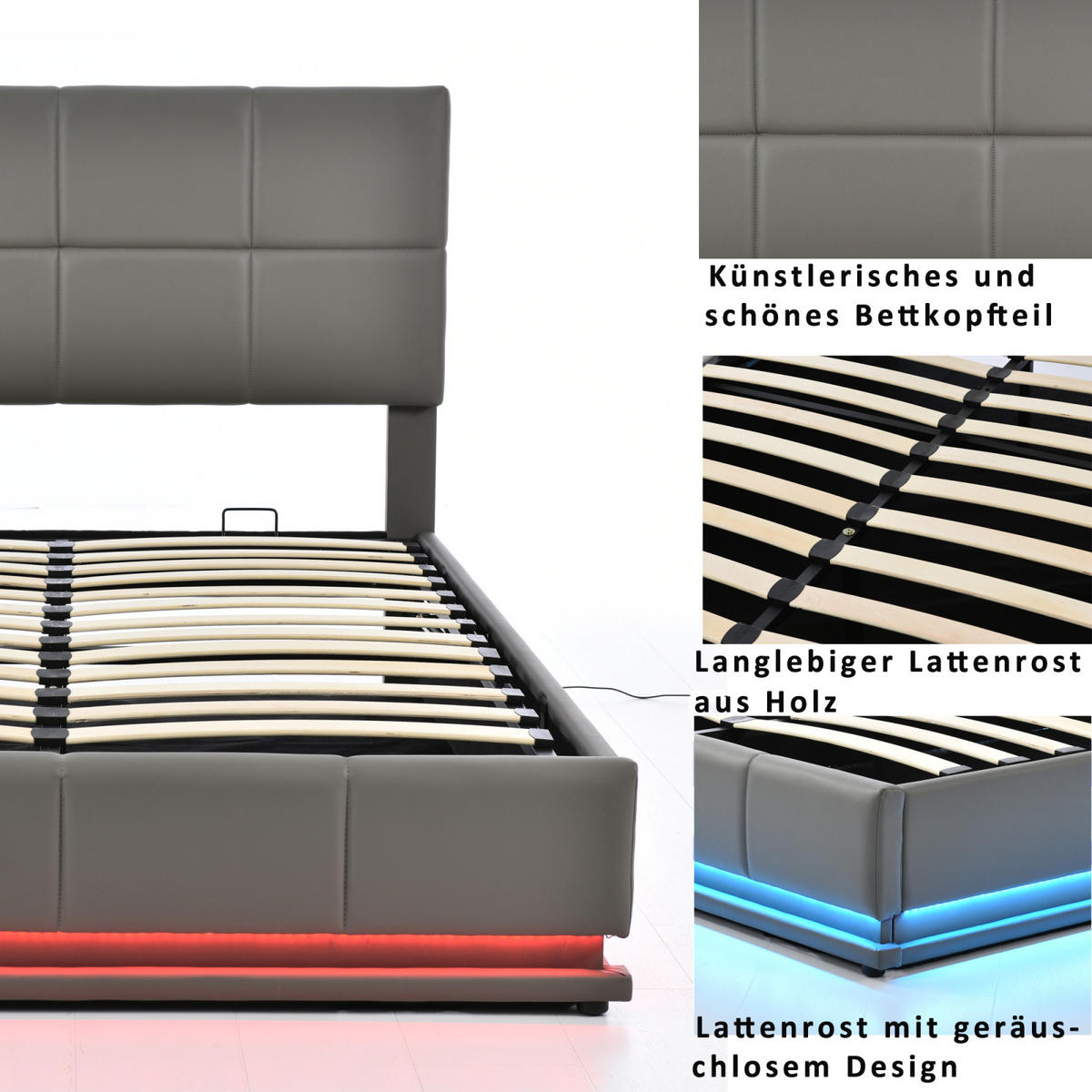 POLSTERBETT 140x200 cm, Grau, mit LED-Beleuchtung - Grau, Textil/Metall (140/200cm)