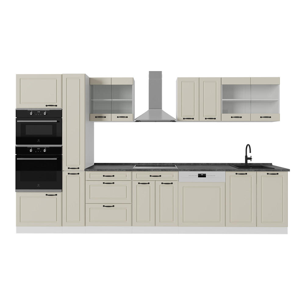 KÜCHENZEILE R-Line, Sand Landhaus/Weiß, 350 cm Arbeitsplatte Anthrazit - Beige/Weiß, Holzwerkstoff (350/206.8/60cm) - Vicco